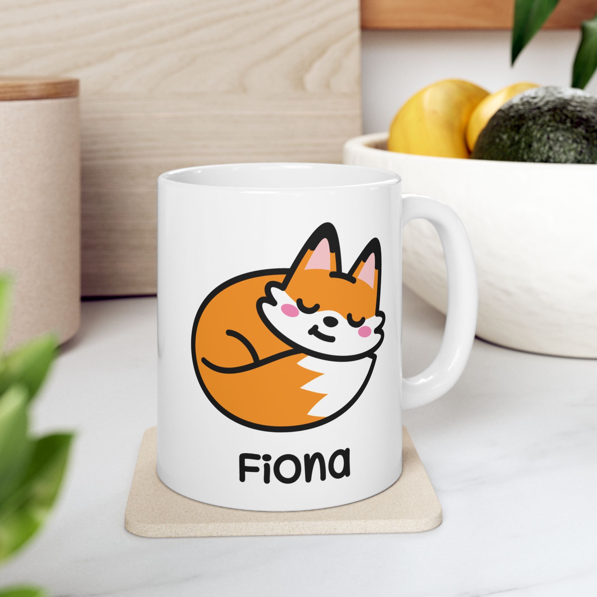Cute Sleeping Fox Personalised Name Mug On Kitchen Background