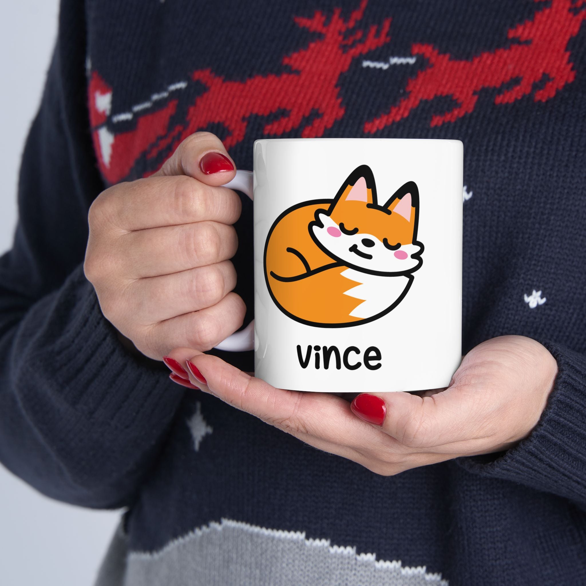 Cute Sleeping Fox Personalised Name Mug Held By Person