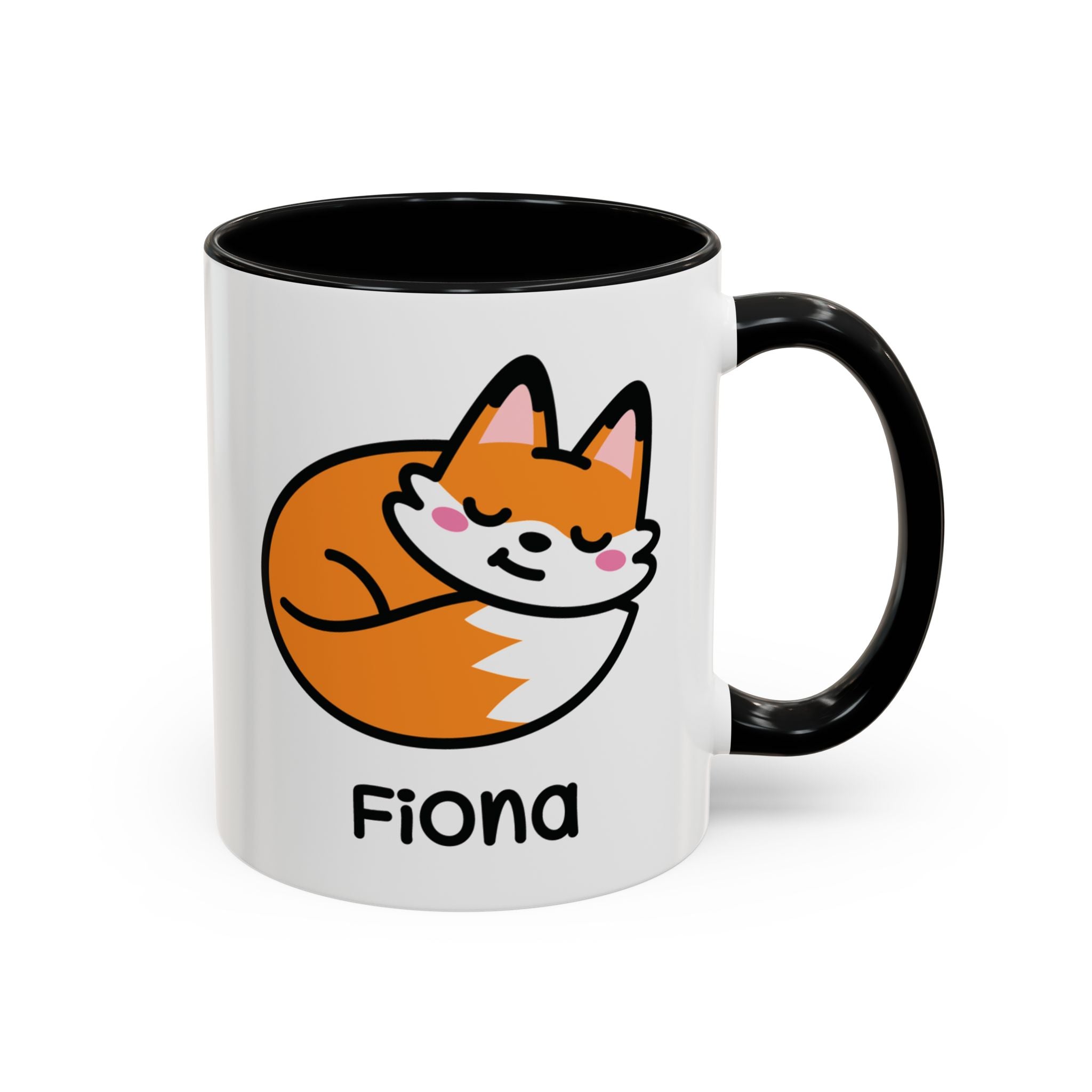 Cute Sleeping Fox Personalised Name Mug on White Background With Black Accent Colour