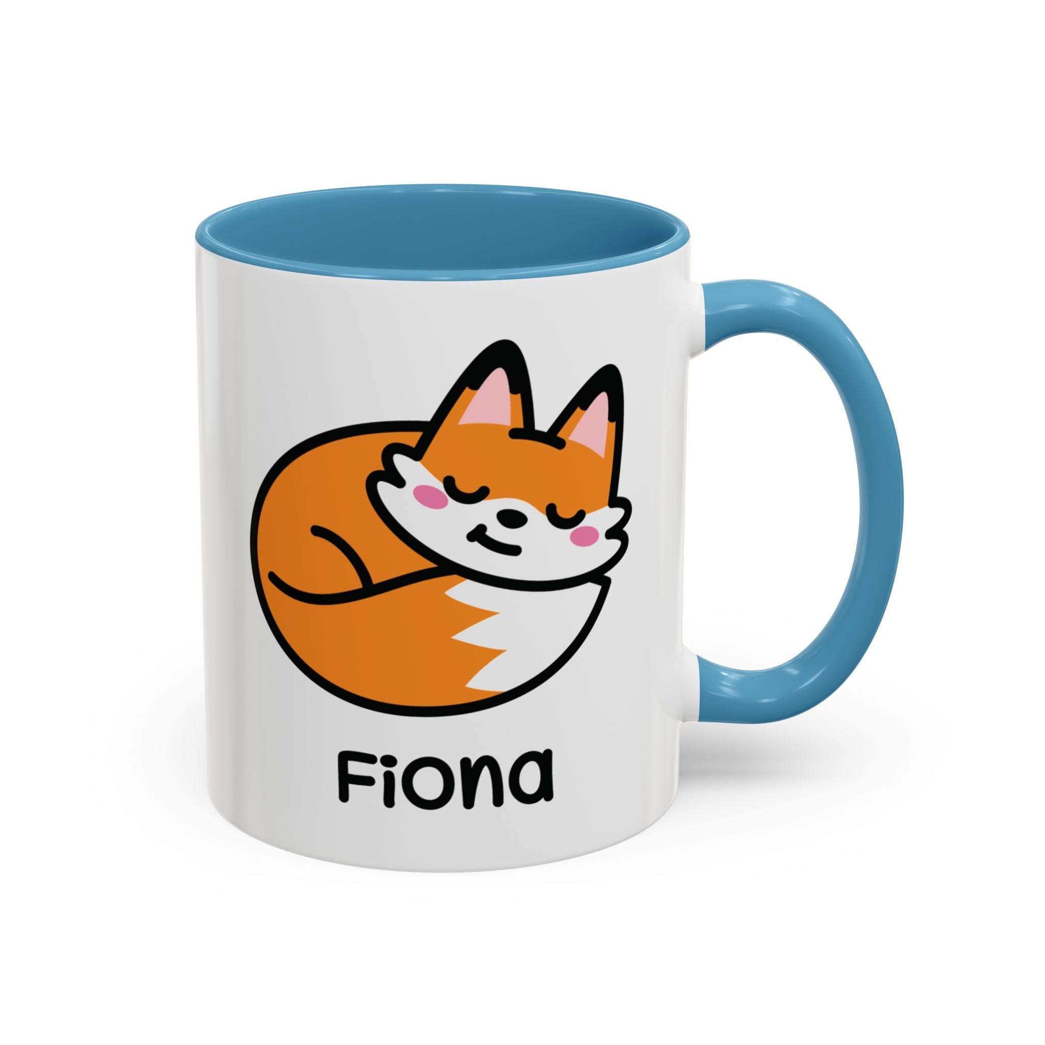 Cute Sleeping Fox Personalised Name Mug on White Background With Blue Accent Colour