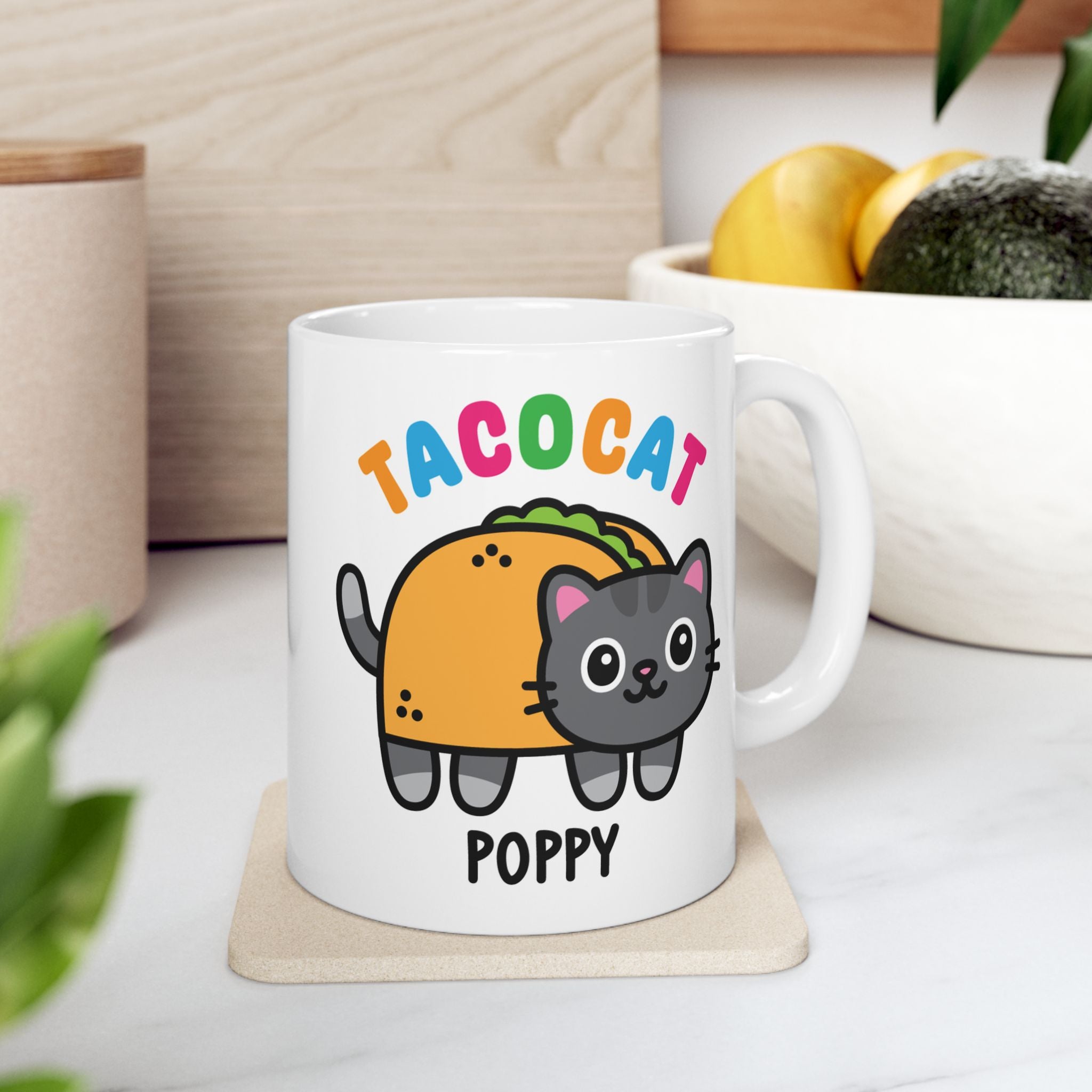 Cute Tacocat Cat Custom Coffee Mug On Kitchen Background