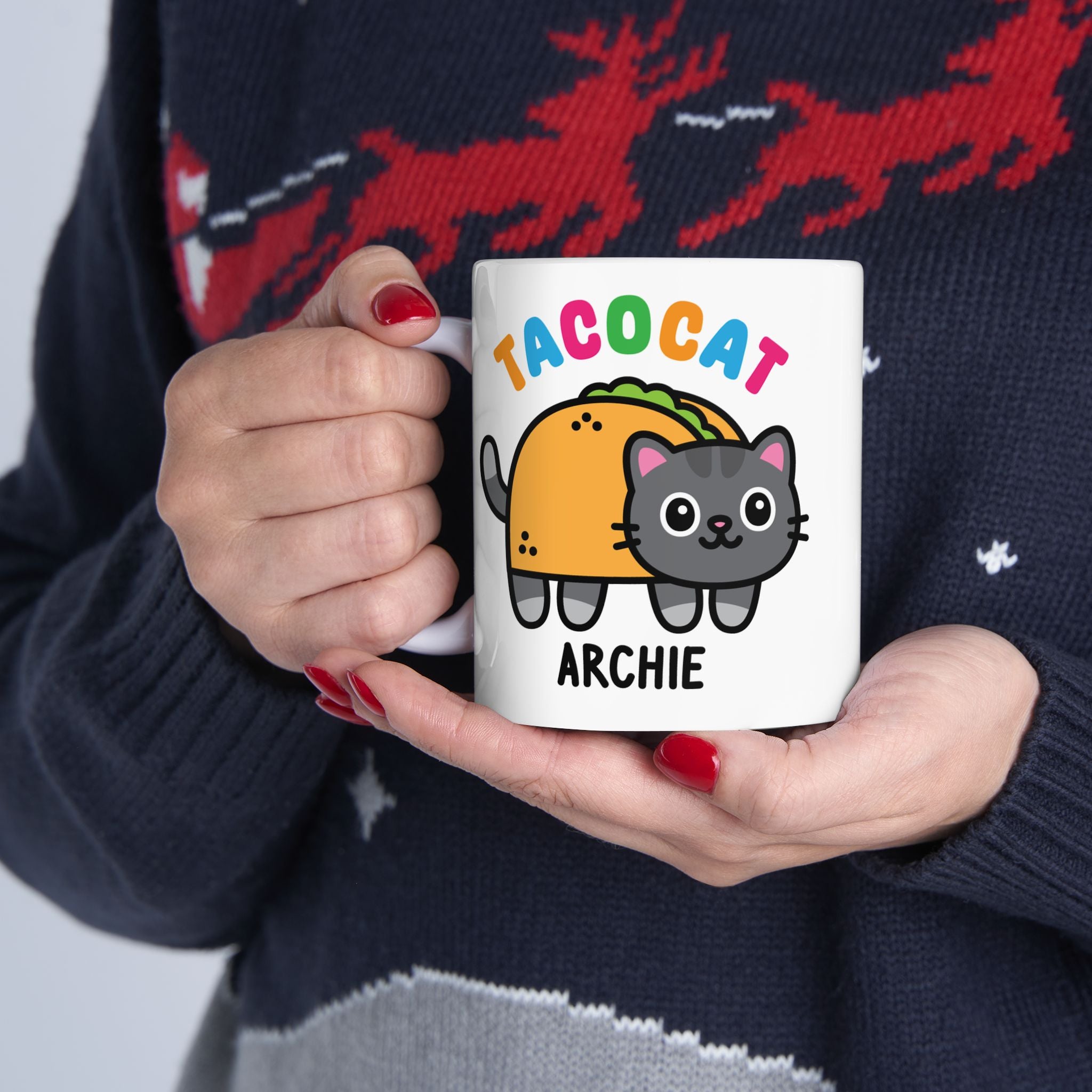 Cute Tacocat Cat Custom Coffee Mug Held By Person