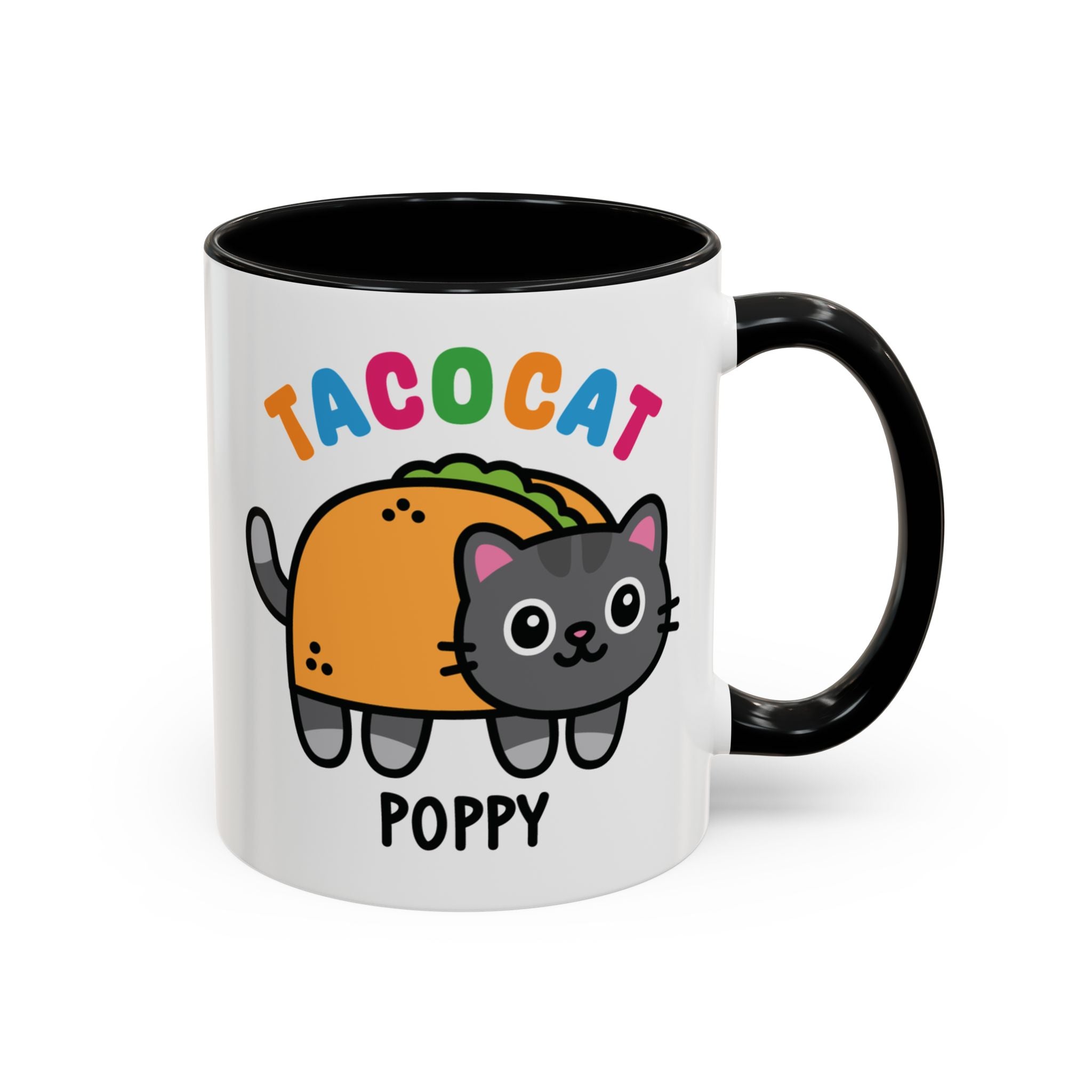 Cute Tacocat Cat Custom Coffee Mug On White Background with Black Accent Colour