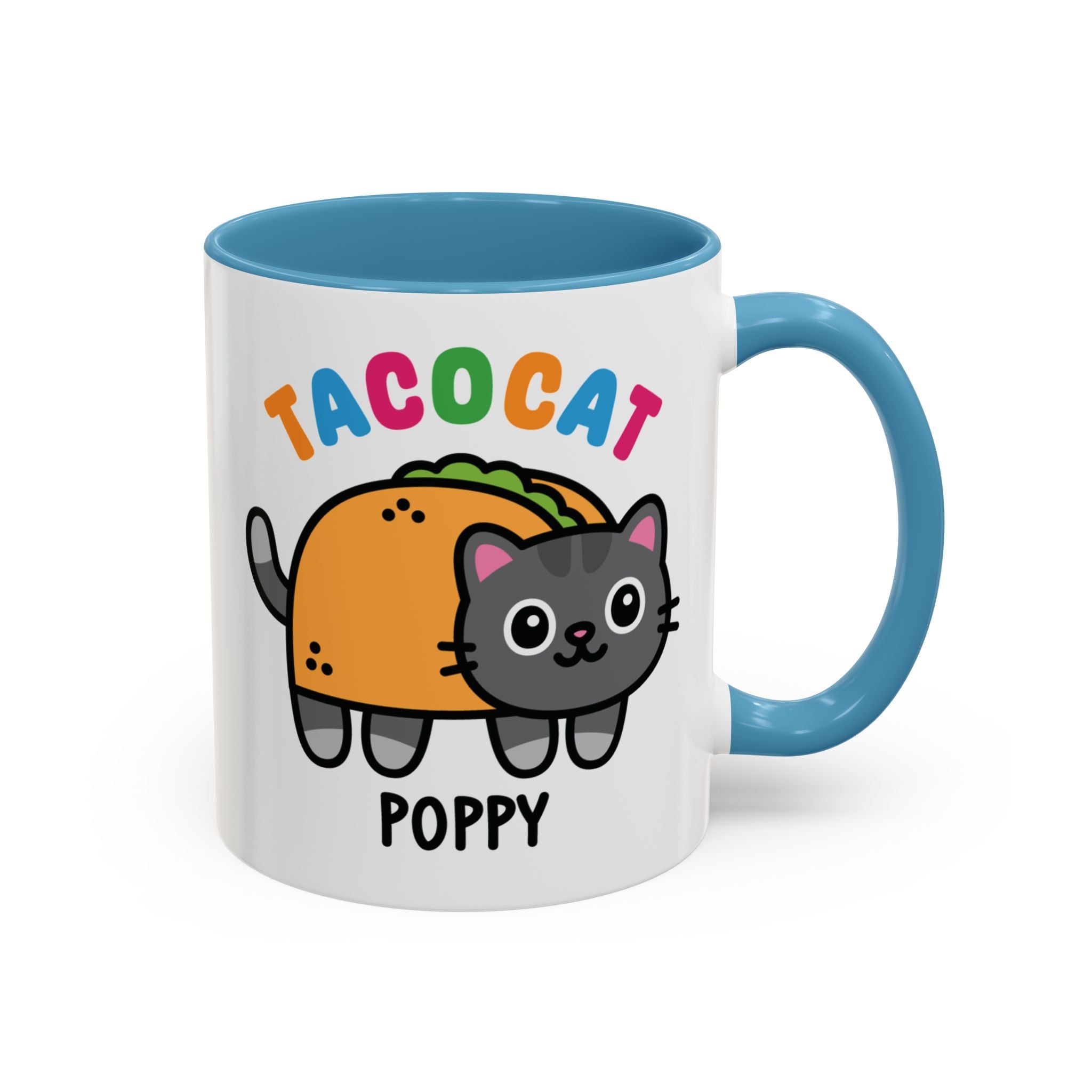 Cute Tacocat Cat Custom Coffee Mug On White Background with Blue Accent Colour