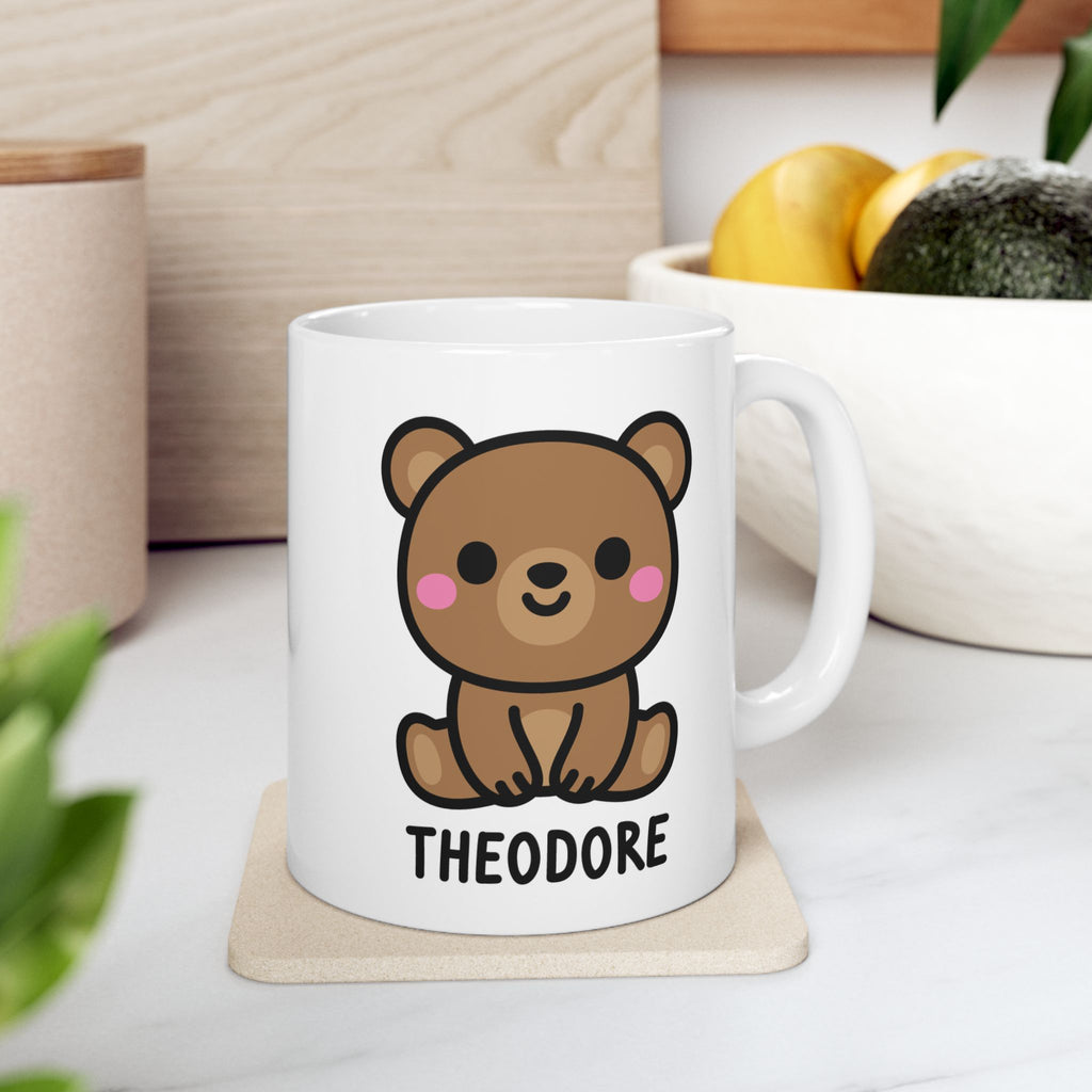 Cute Teddy Bear Custom Name Mug On Kitchen Background
