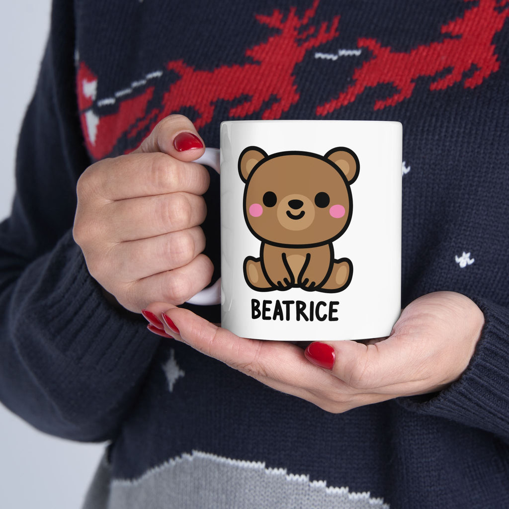 Cute Teddy Bear Custom Name Mug Held By Person