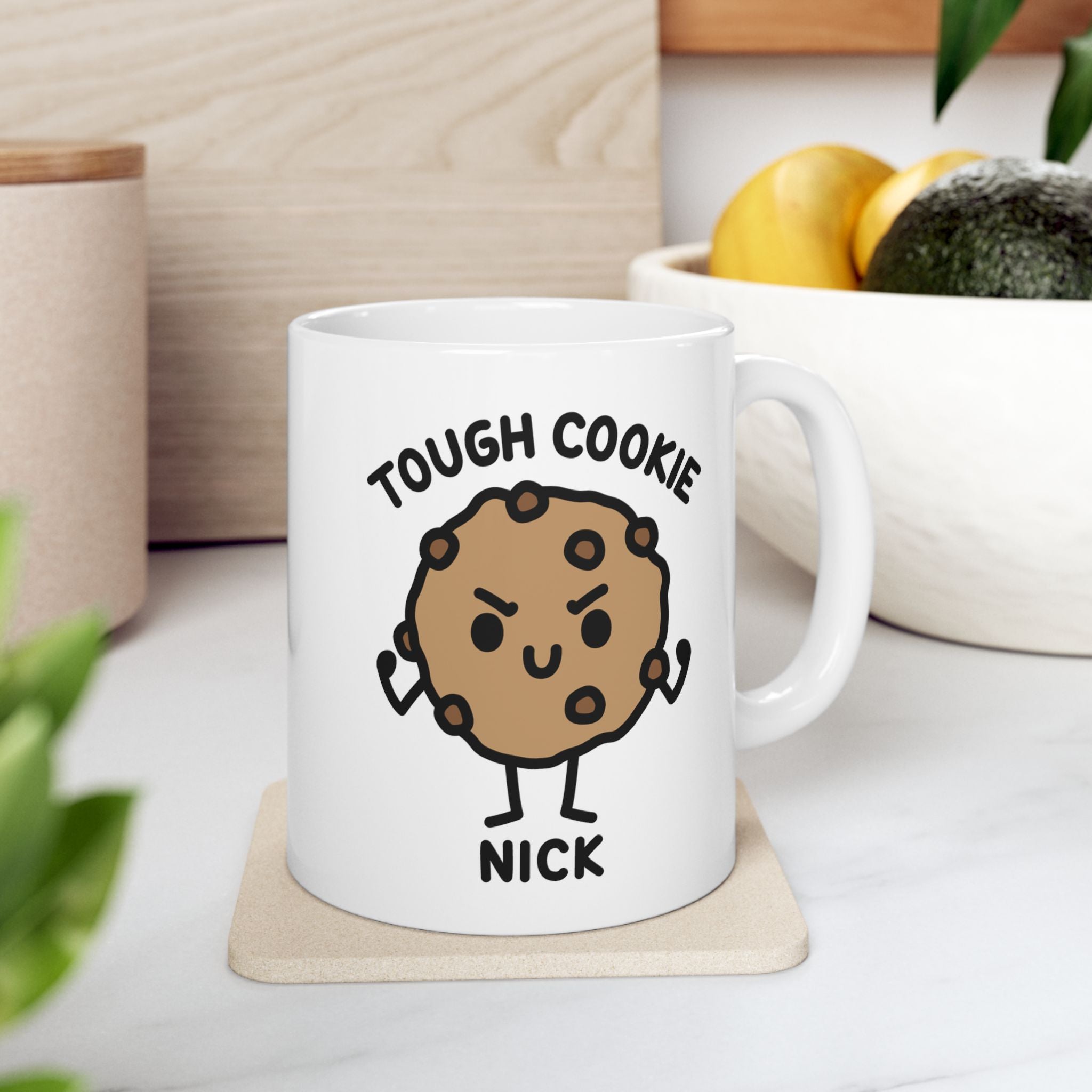 Cute Tough Cookie Custom Coffee Mug On Kitchen Background