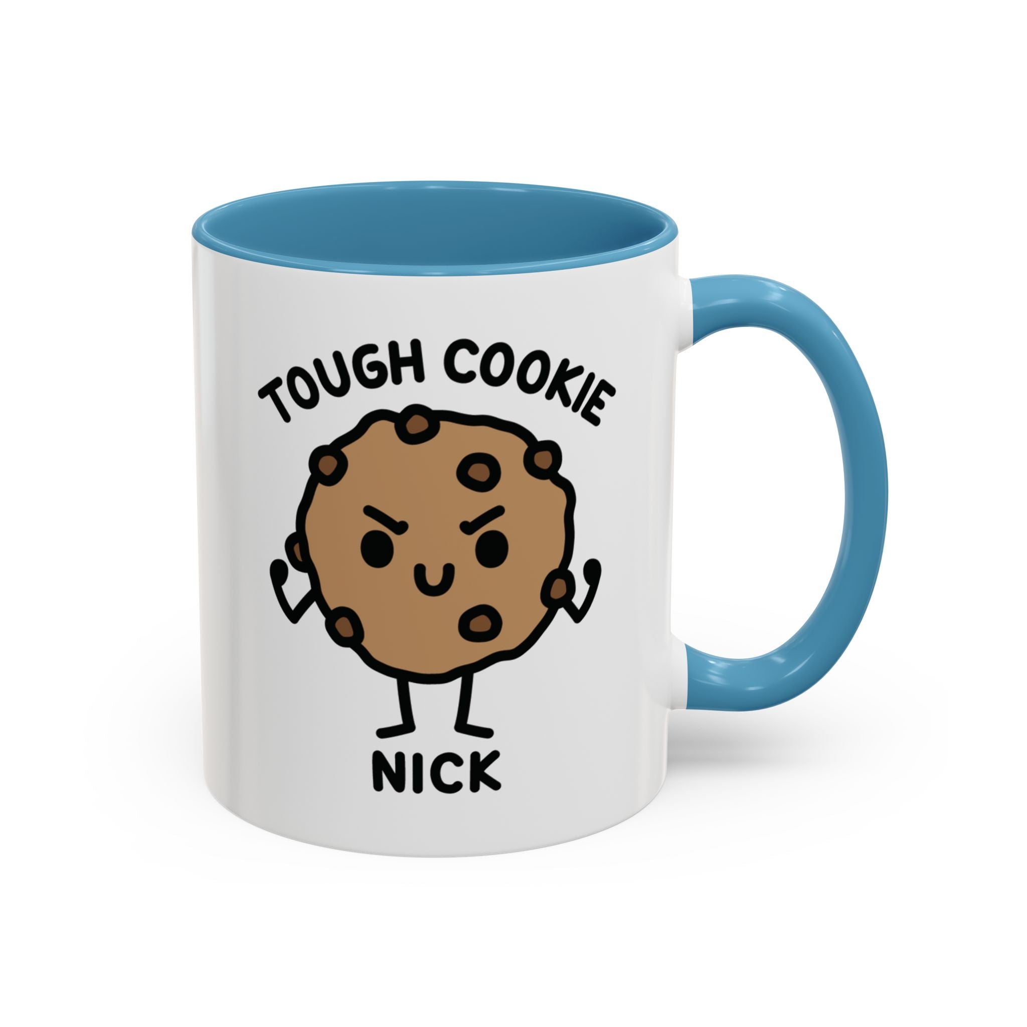 Cute Tough Cookie Custom Coffee Mug on White Background With Blue Accent Colour