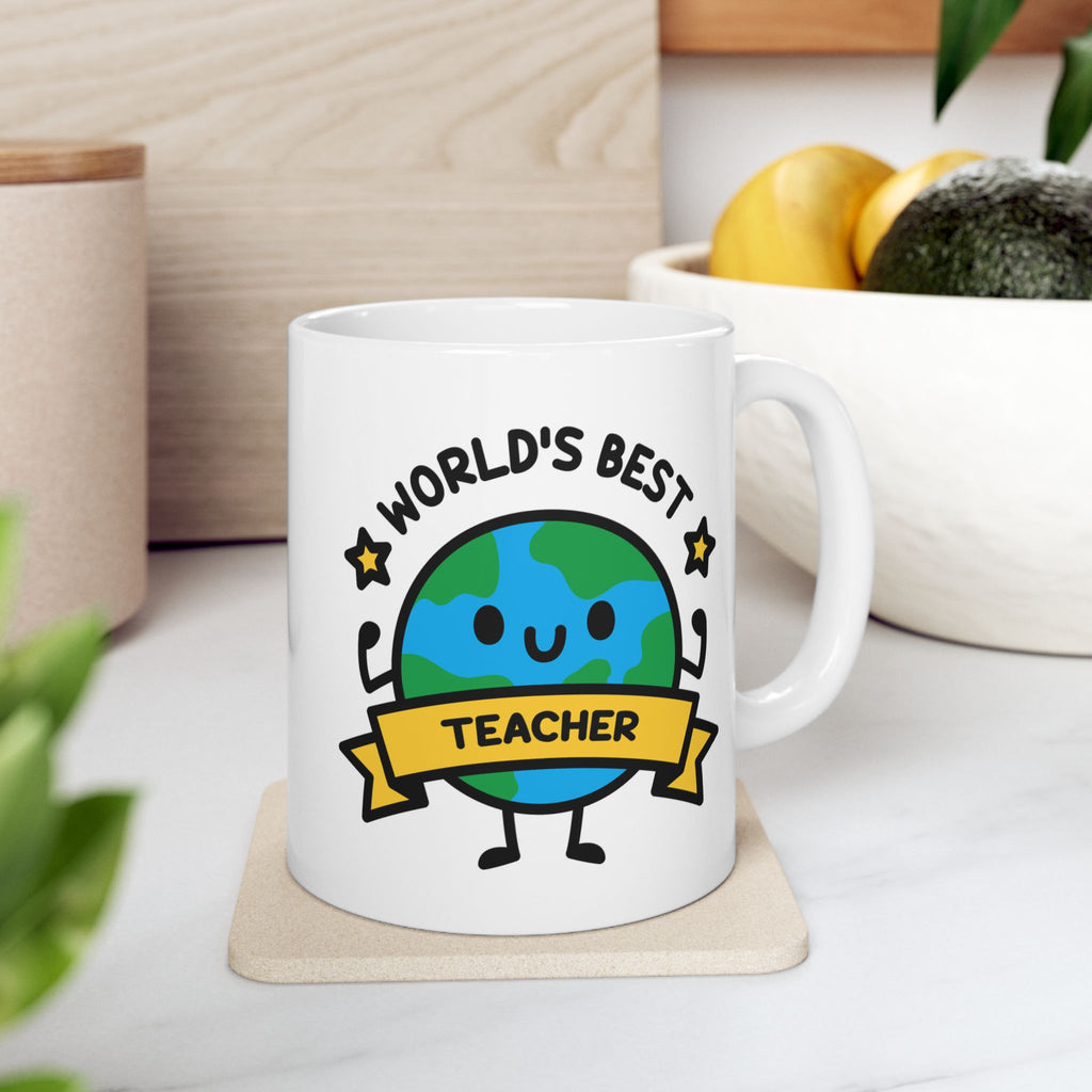 Cute Worlds Best Custom Title Mug On kitchen Background