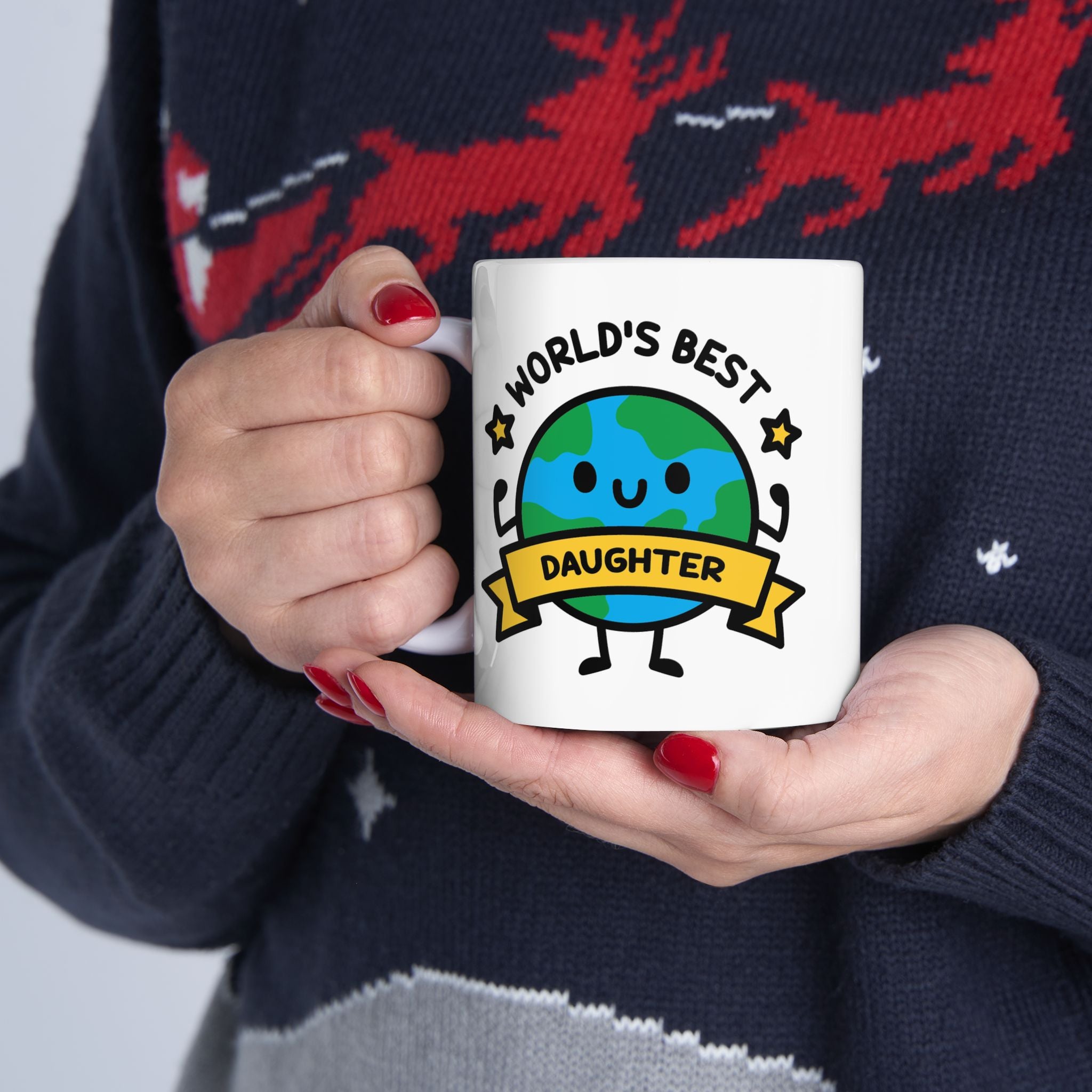 Cute Worlds Best Custom Title Mug held by festive person