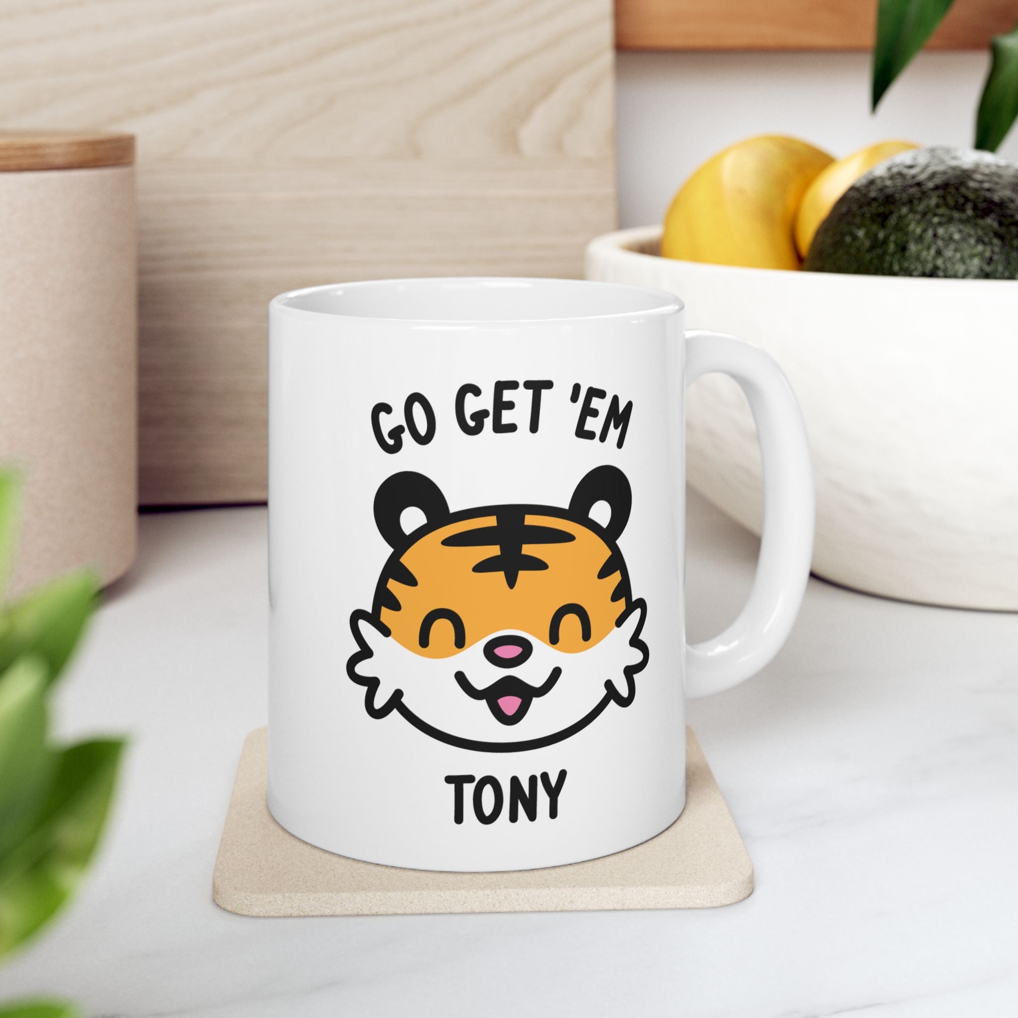 Go Get 'Em Tiger Custom Name Mug on Kitchen Background