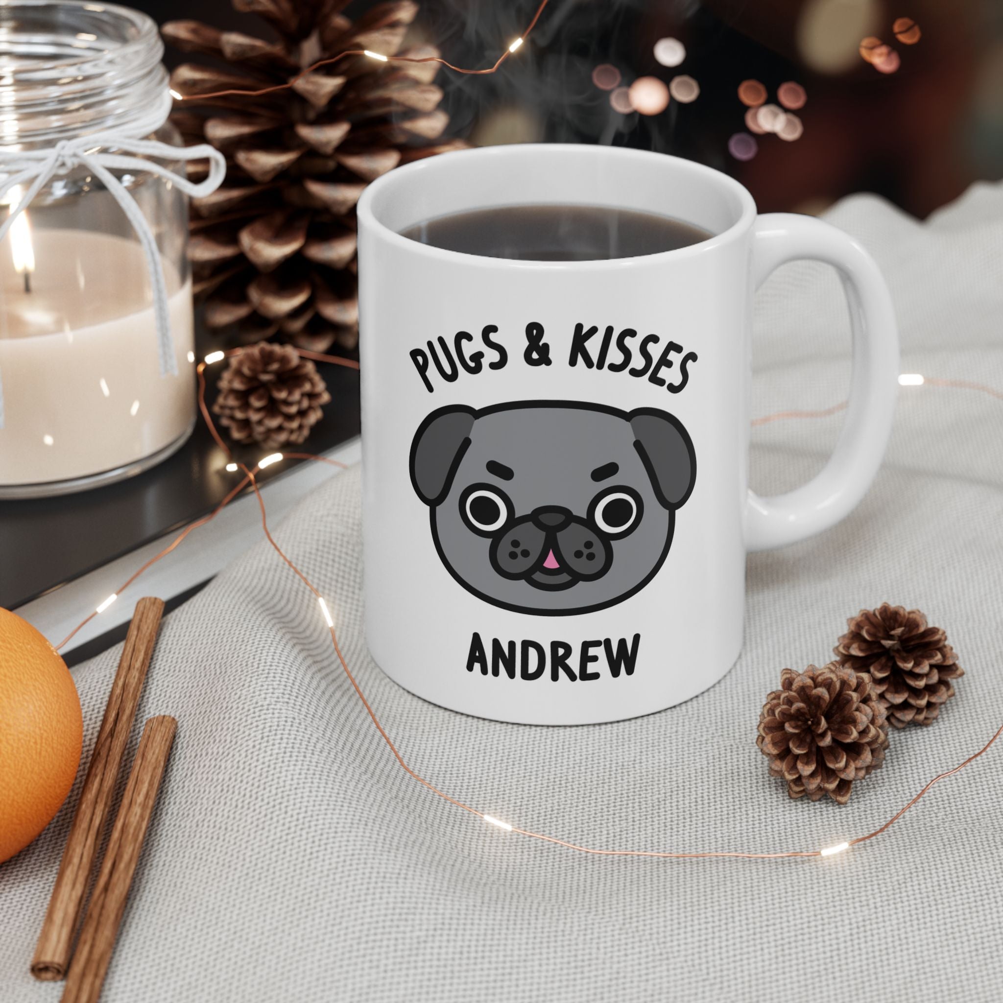 a white coffee mug with a pug dog illustration on a festive background