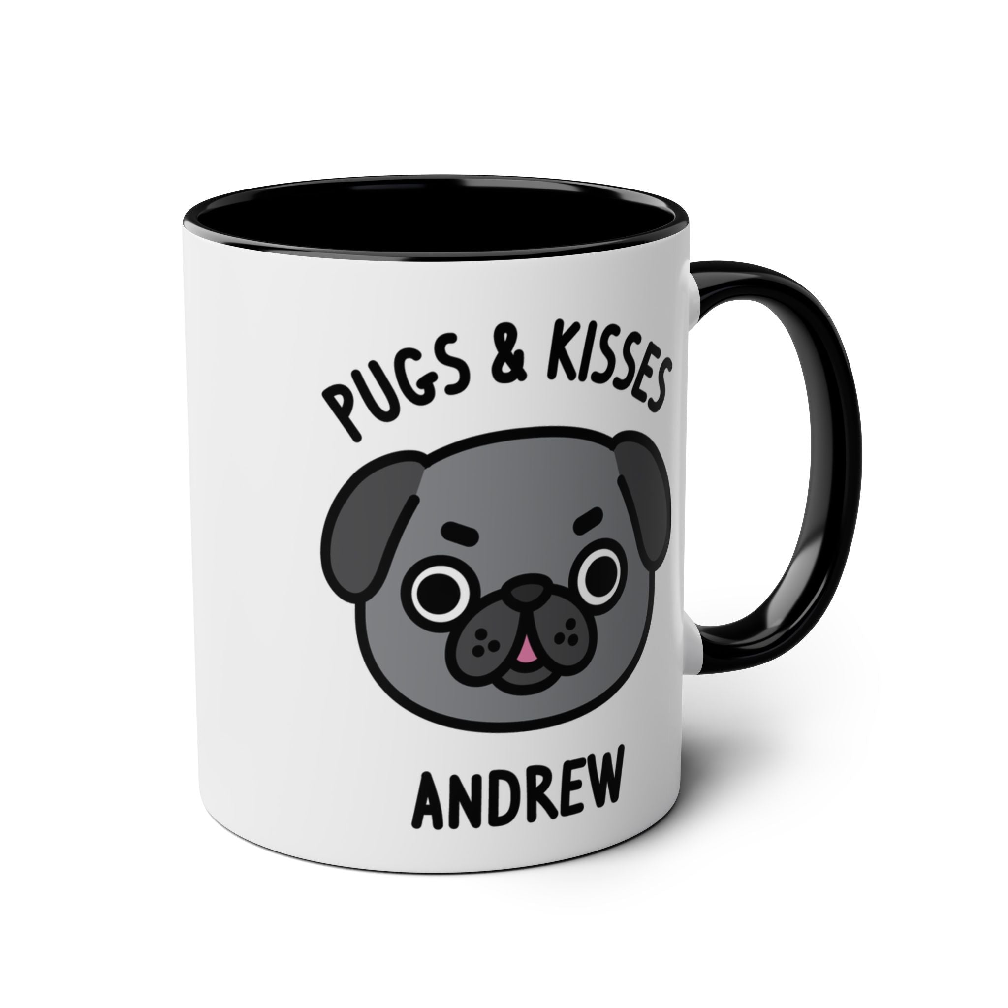 a white mug with a pug dog illustration on a white background with black accent colour