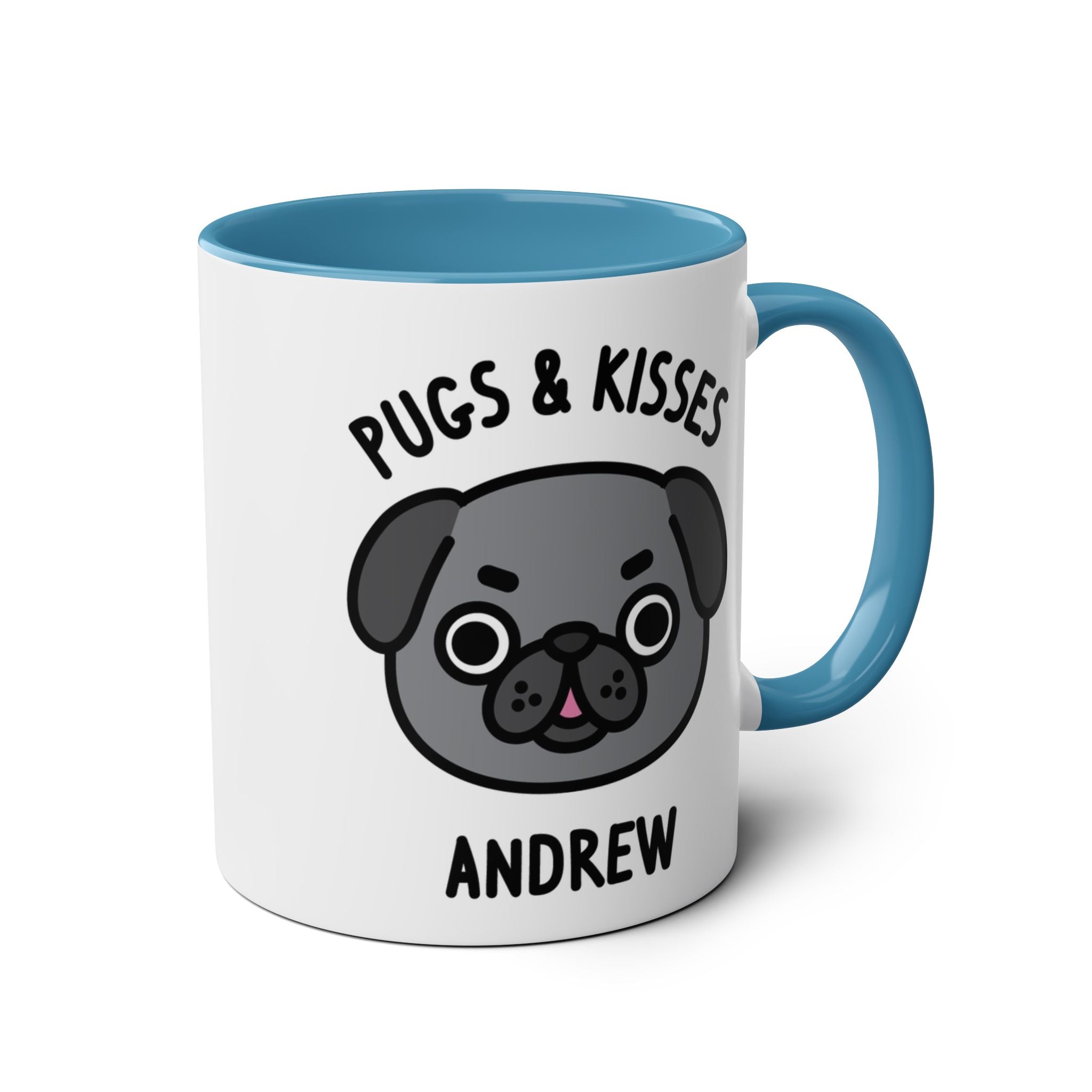 a white mug with a pug dog illustration on a white background with blue accent colour