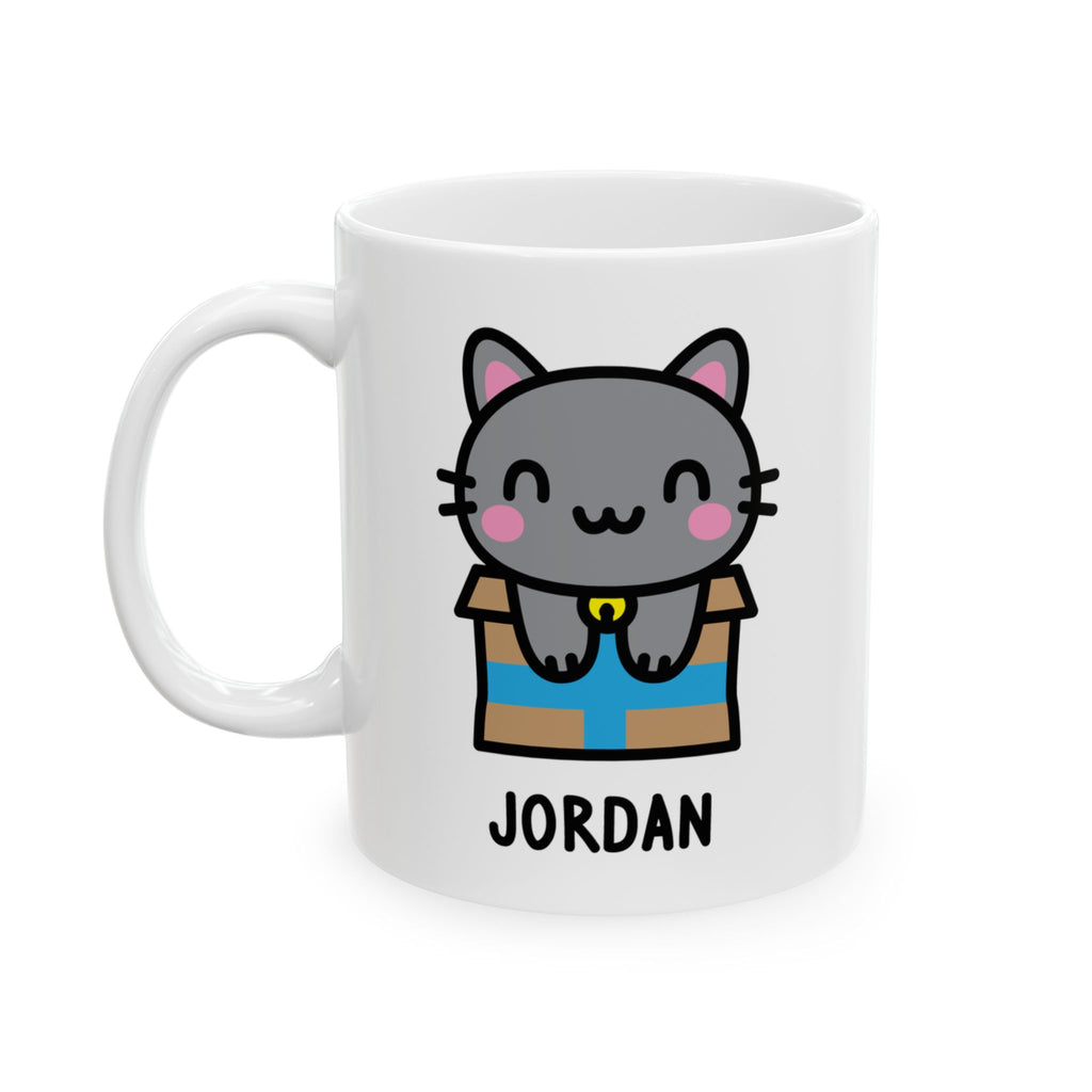 Kawaii Happy Kitten Custom Name Mug On White Background