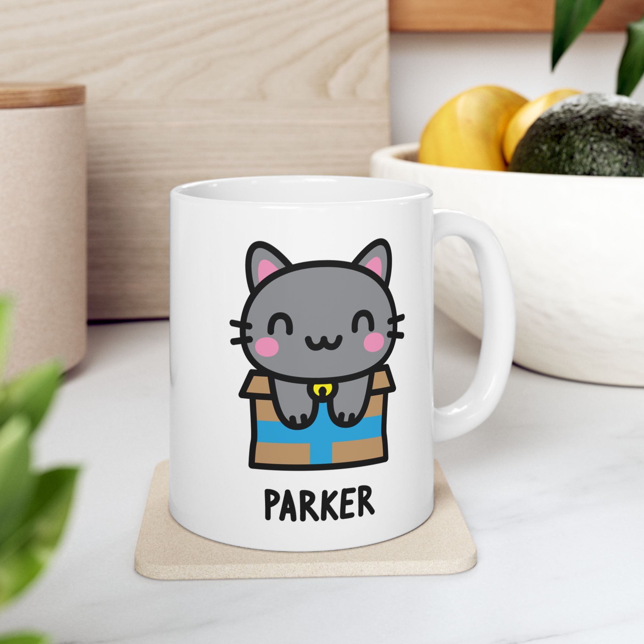 Kawaii Happy Kitten Custom Name Mug On Kitchen Background