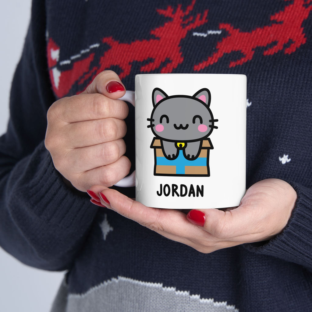 Kawaii Happy Kitten Custom Name Mug Held By Person