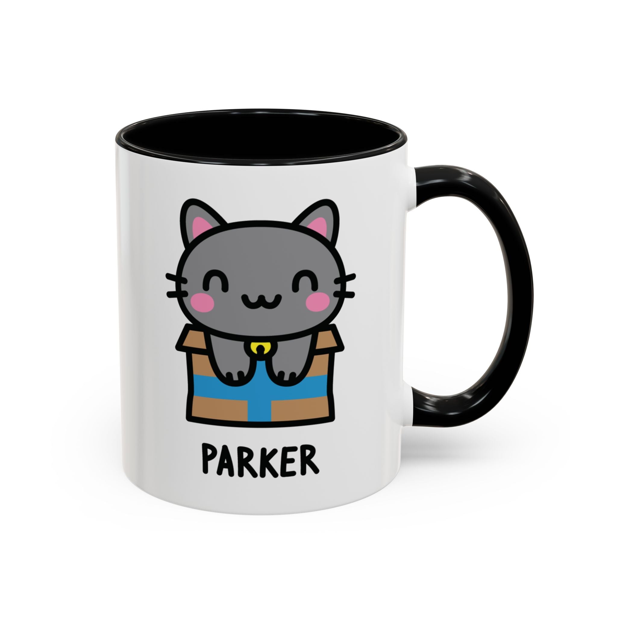 Kawaii Happy Kitten Custom Name Mug on White Background With Black Accent Colour
