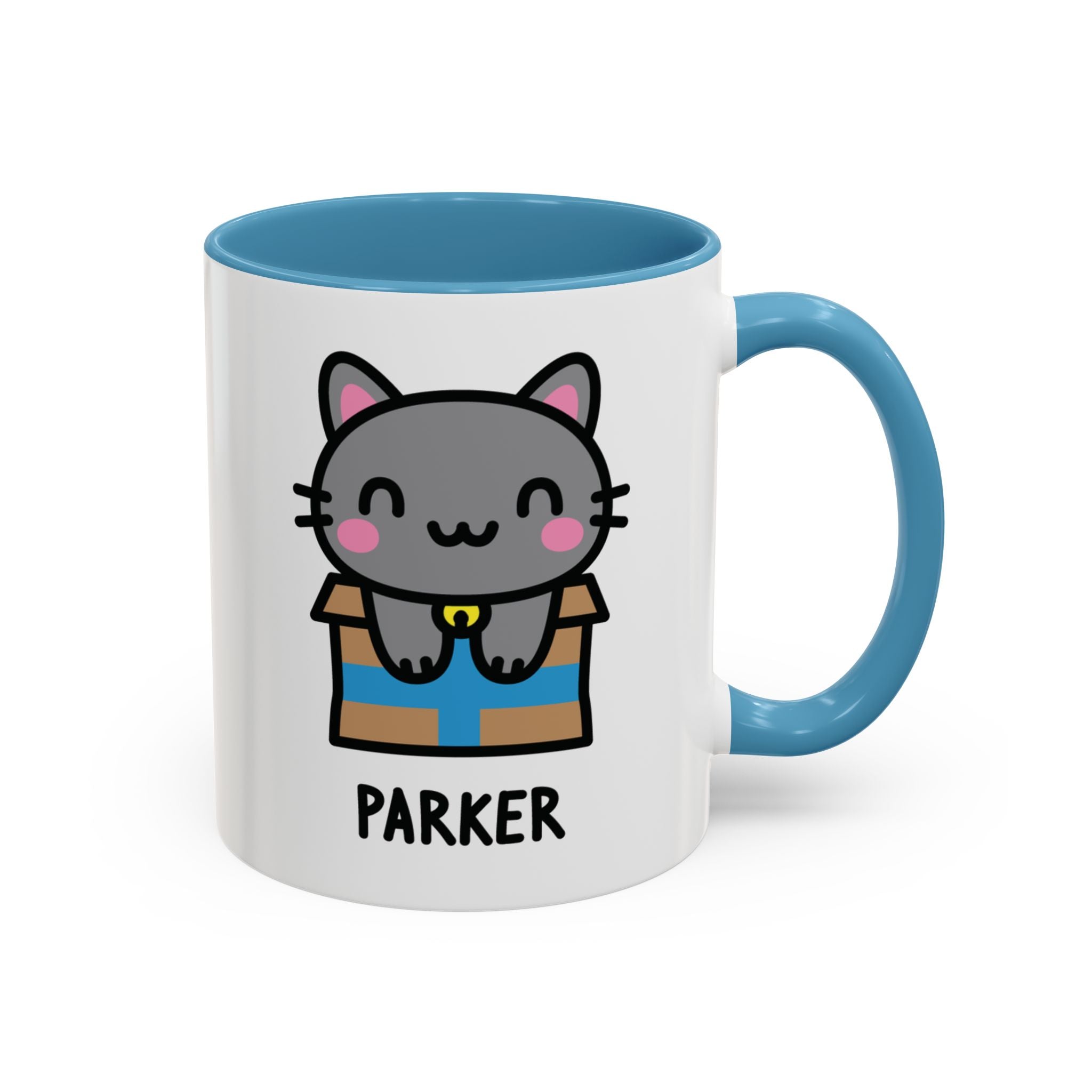 Kawaii Happy Kitten Custom Name Mug on White Background With Blue Accent Colour