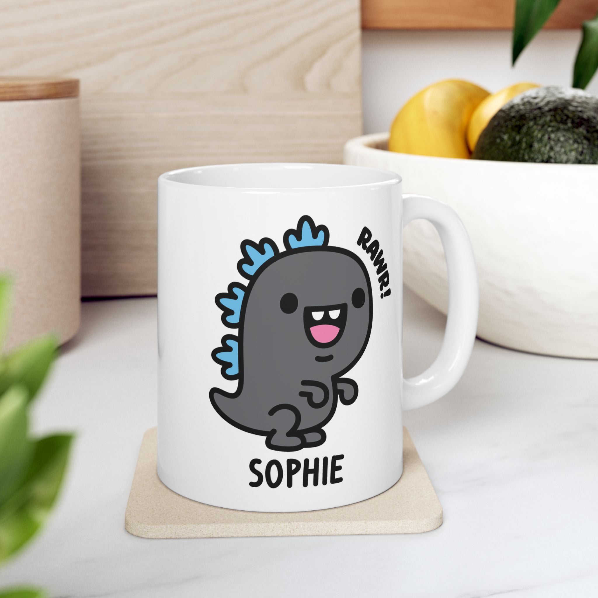 Kawaii Kaiju Godzilla Custom Name Mug On Kitchen Background