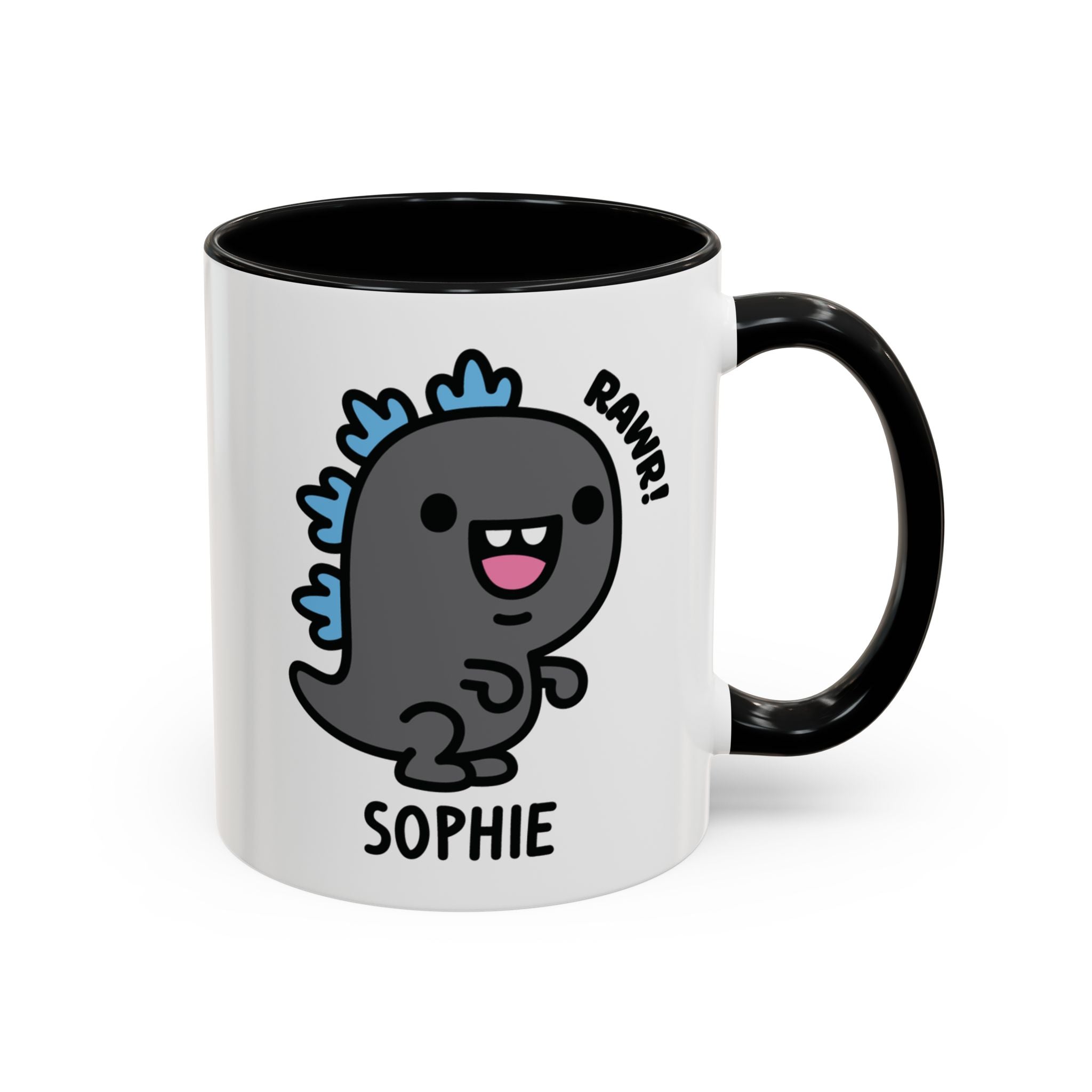 Kawaii Kaiju Godzilla Custom Name Mug on White Background With Black Accent Colour