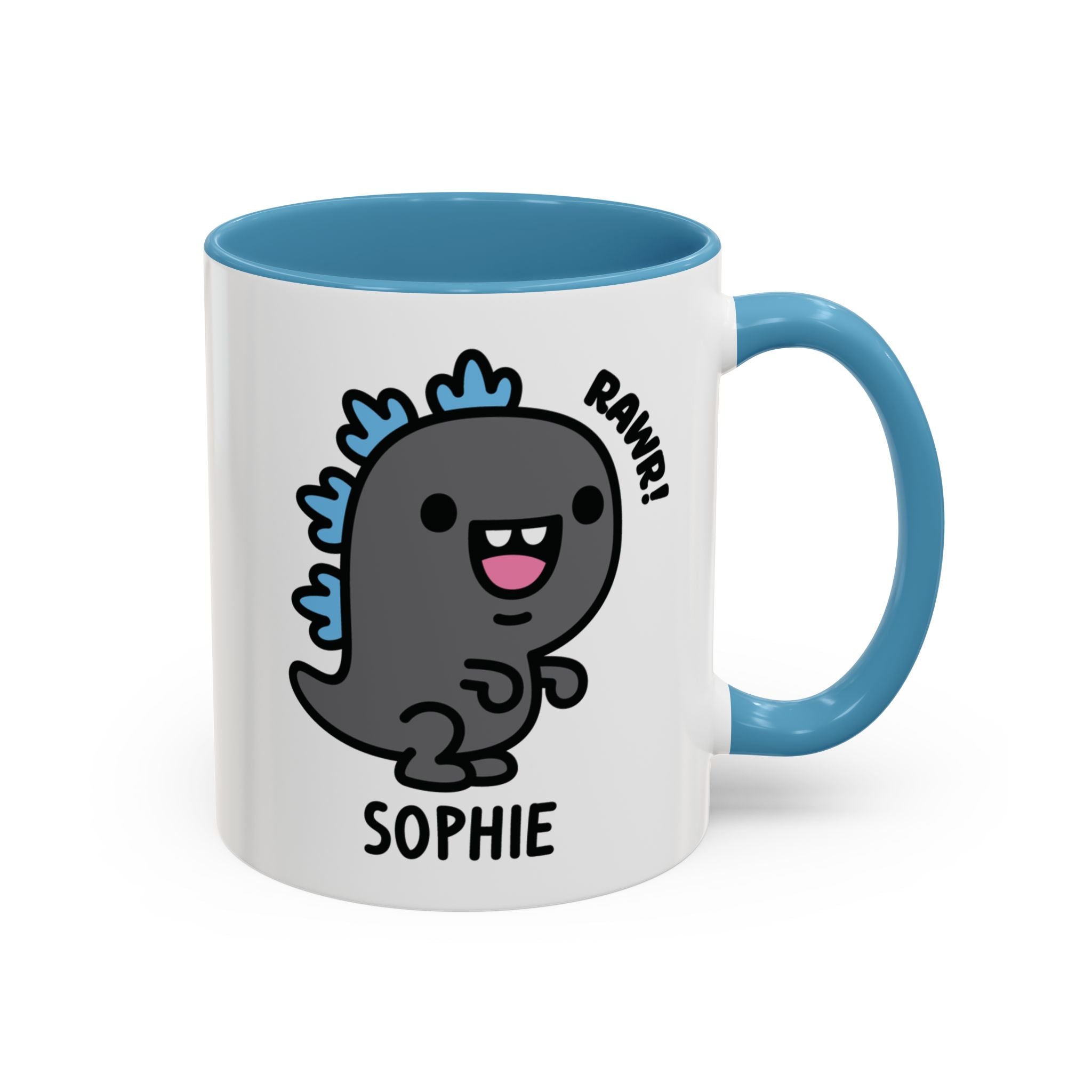 Kawaii Kaiju Godzilla Custom Name Mug on White Background With Blue Accent Colour