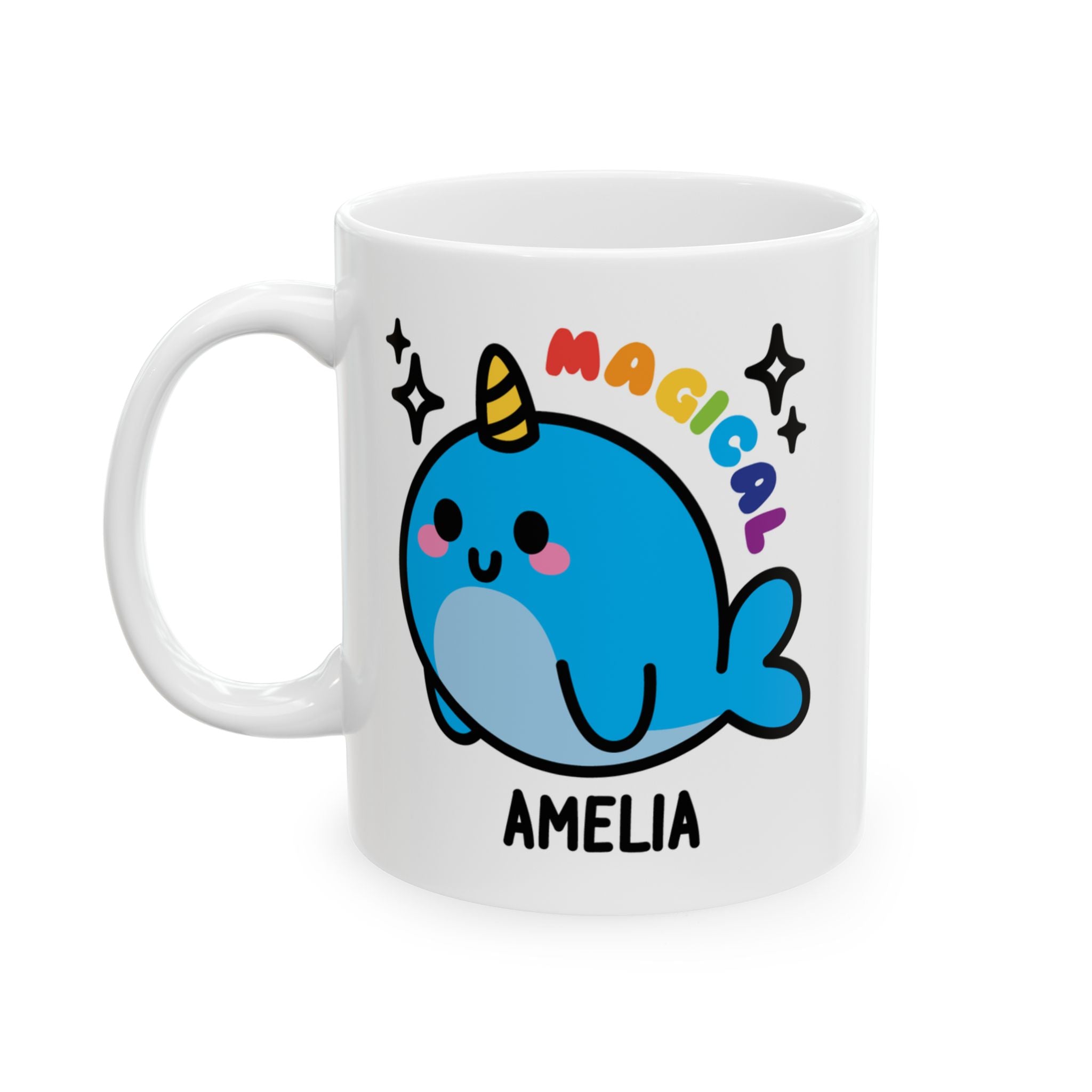 Magical Kawaii Narwhal Custom Coffee Mug On White Background