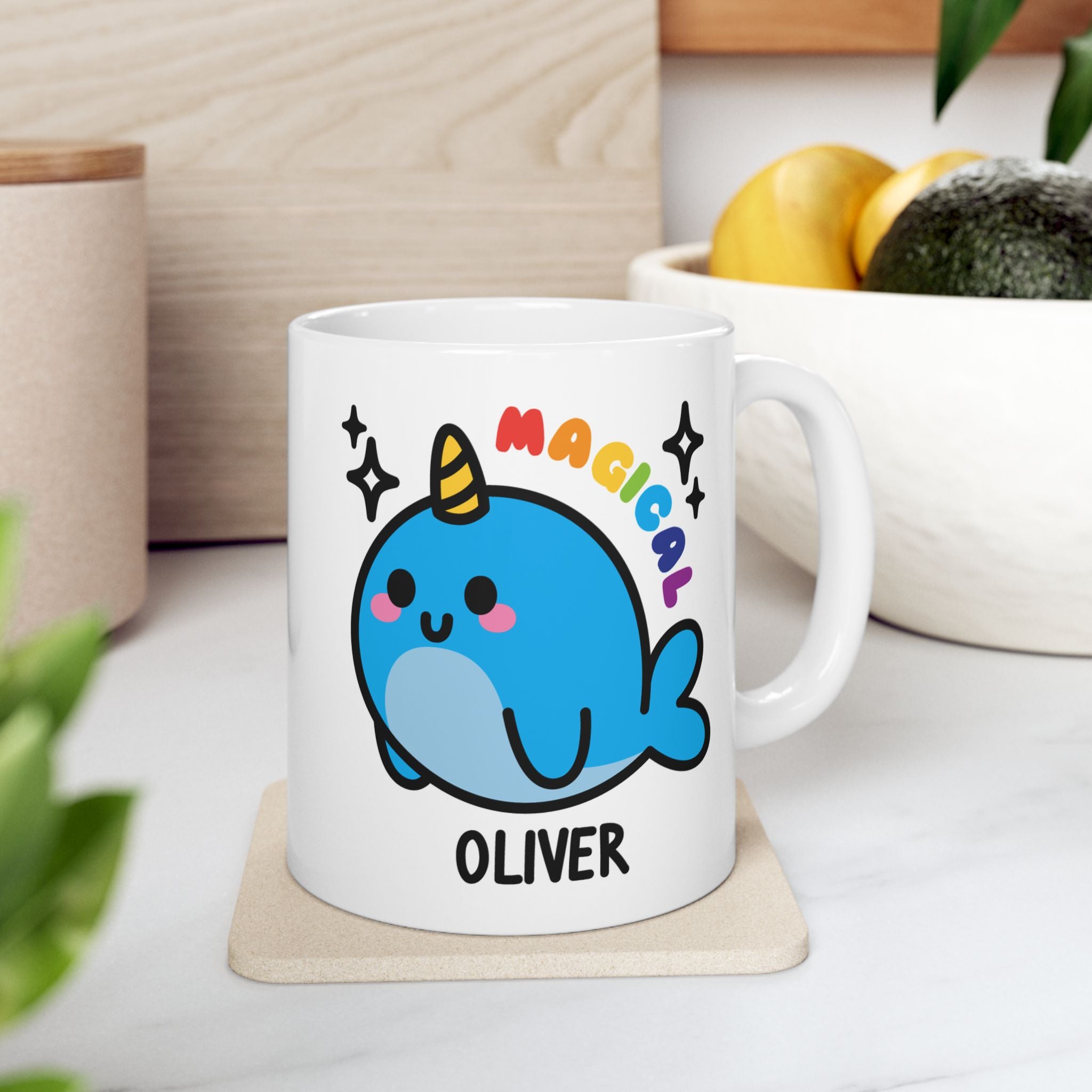 Magical Kawaii Narwhal Custom Coffee Mug On Coaster with fruit bowl