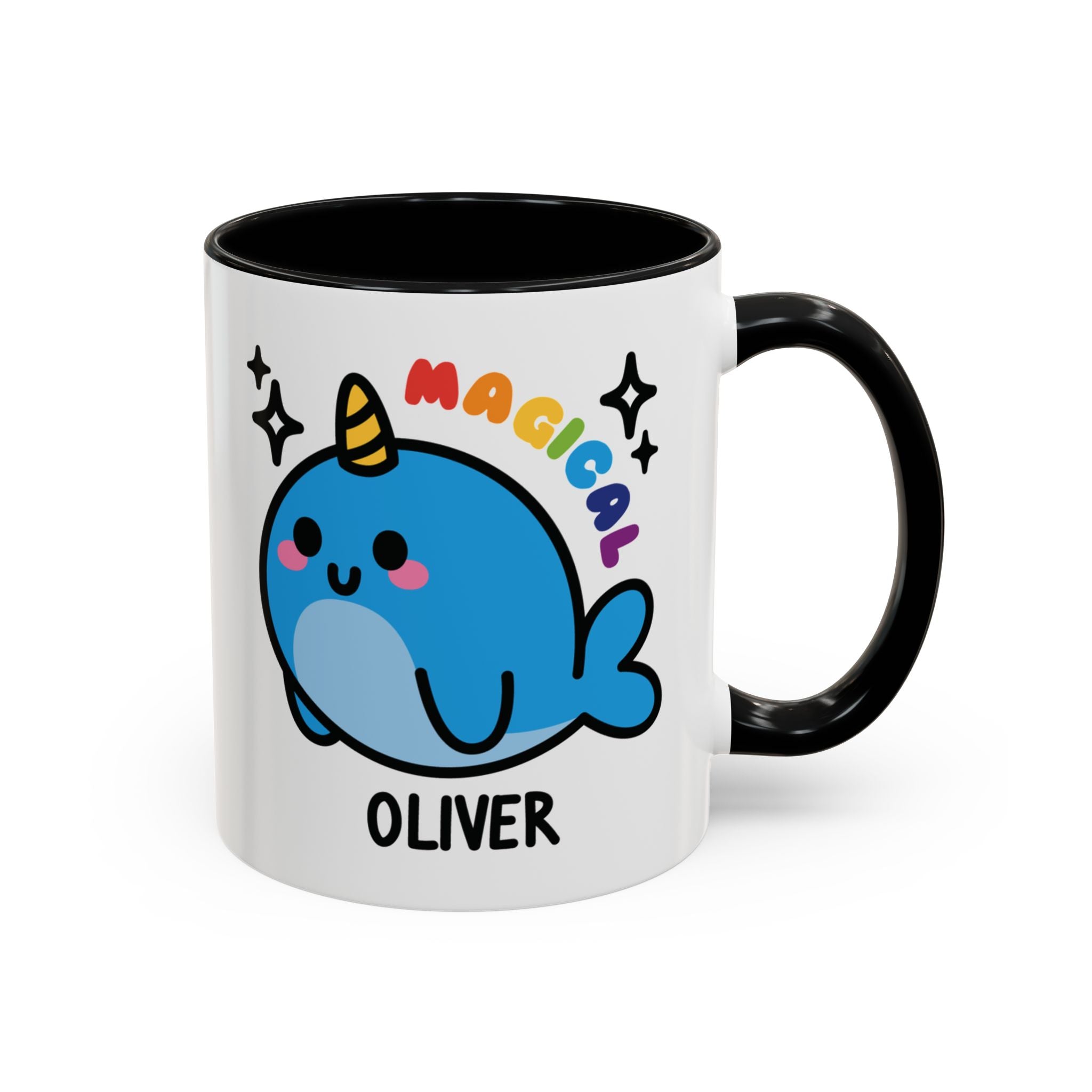 Magical Kawaii Narwhal Custom Coffee Mug On White Background With black accent colour