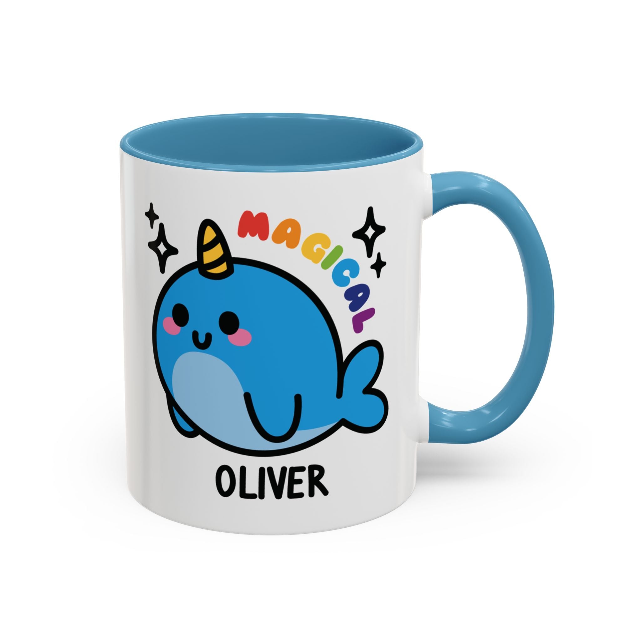 Magical Kawaii Narwhal Custom Coffee Mug On White Background With blue accent colour