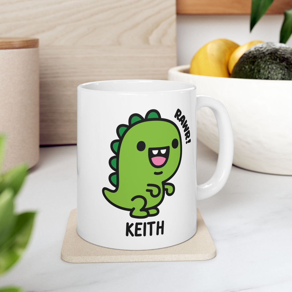 Kawaii Tea Rex Dinosaur Custom Name Mug On Kitchen Background