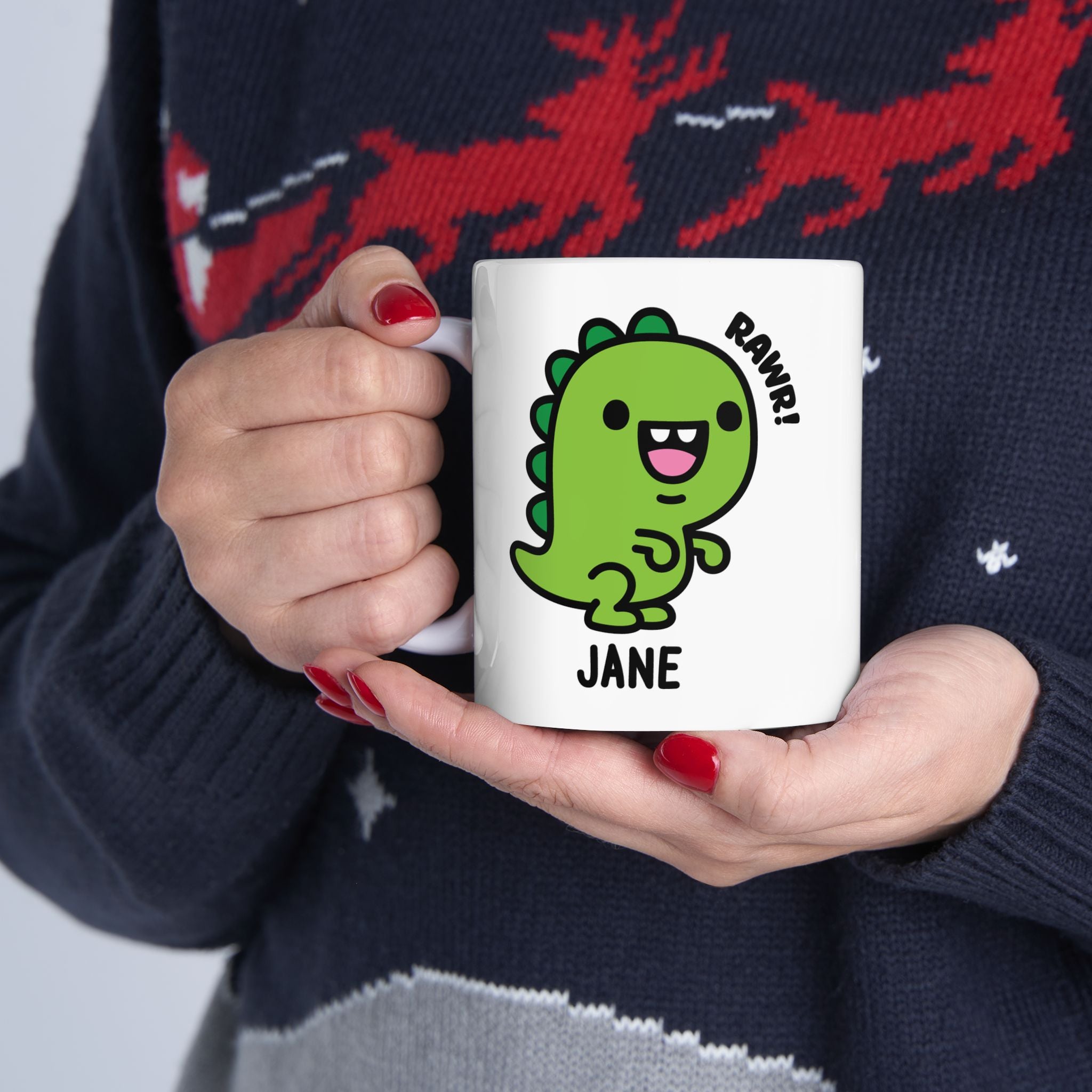 Kawaii Tea Rex Dinosaur Custom Name Mug Held By Person