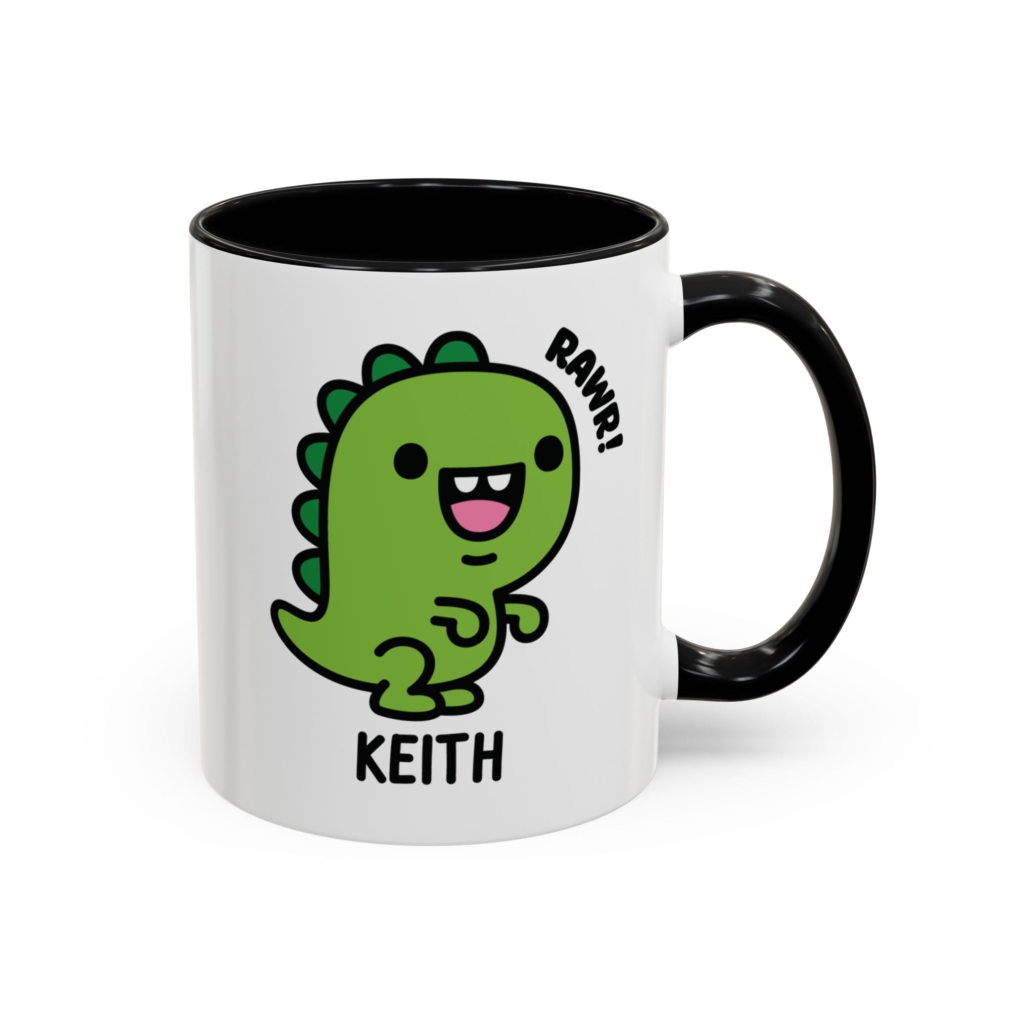 Kawaii Tea Rex Dinosaur Custom Name Mug on White Background With Black Accent Colour