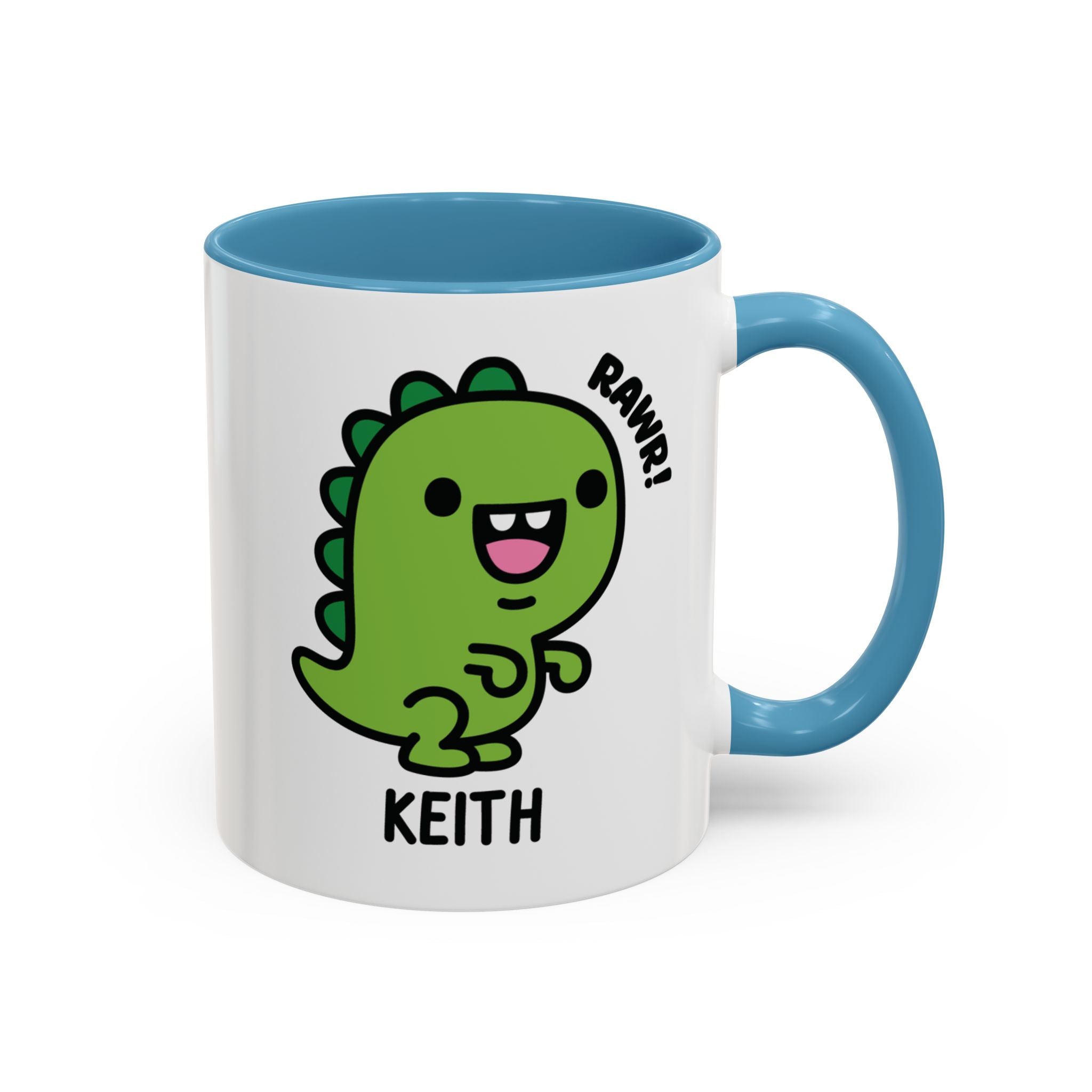 Kawaii Tea Rex Dinosaur Custom Name Mug on White Background With Blue Accent Colour