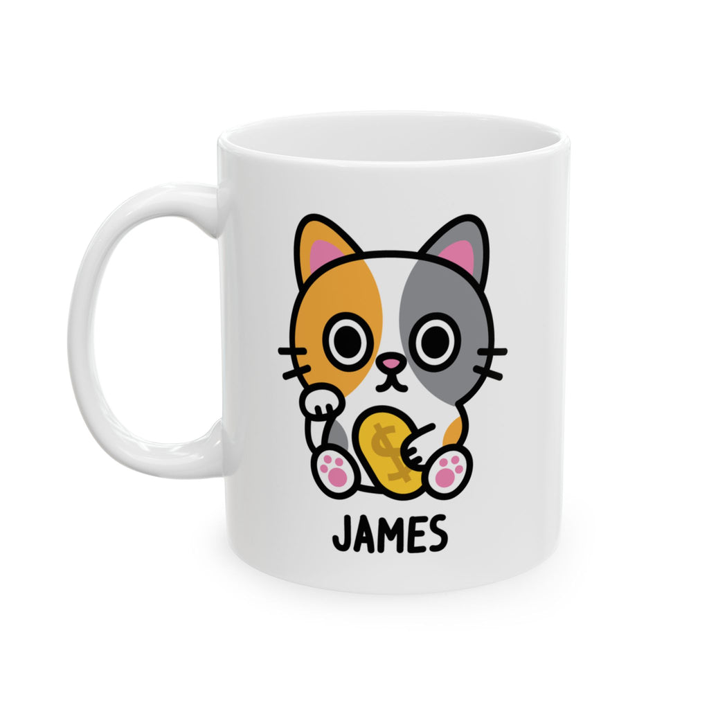 Lucky Kawaii Cat Custom Name Mug on White Background