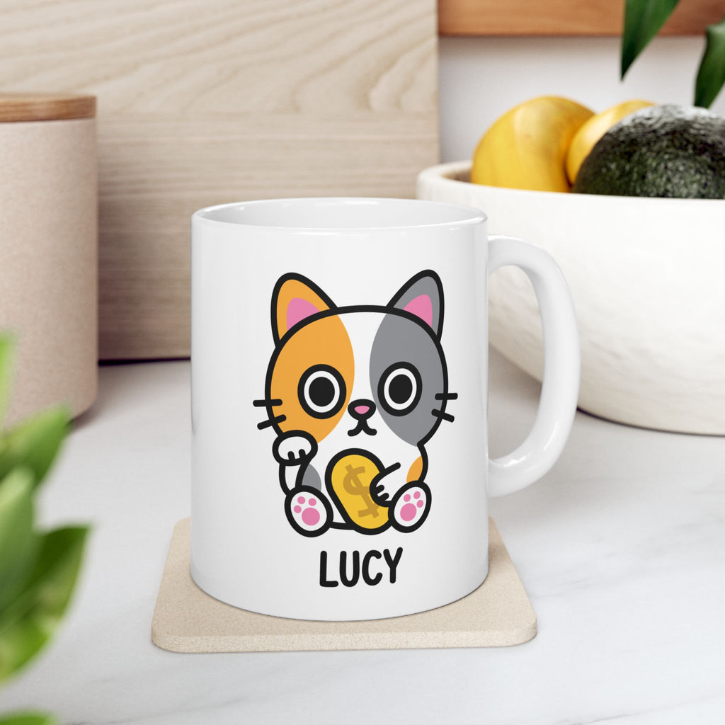 Lucky Kawaii Cat Custom Name Mug on Kitchen Background