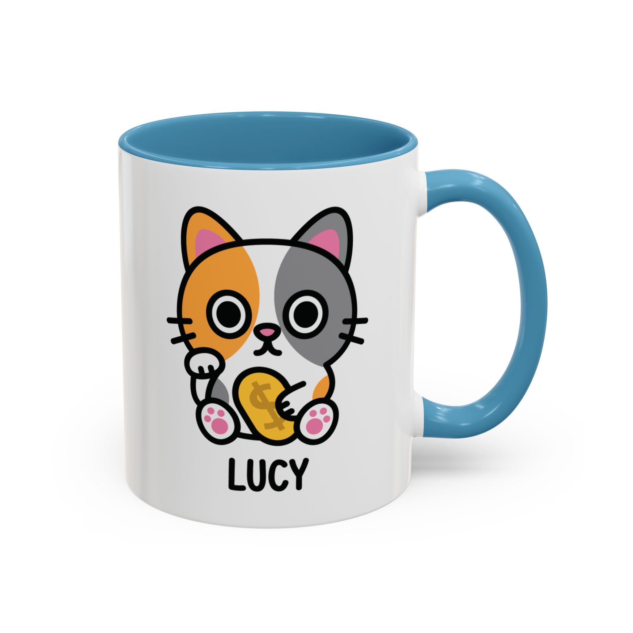 Lucky Kawaii Cat Custom Name Mug on White Background With Blue Accent Colour
