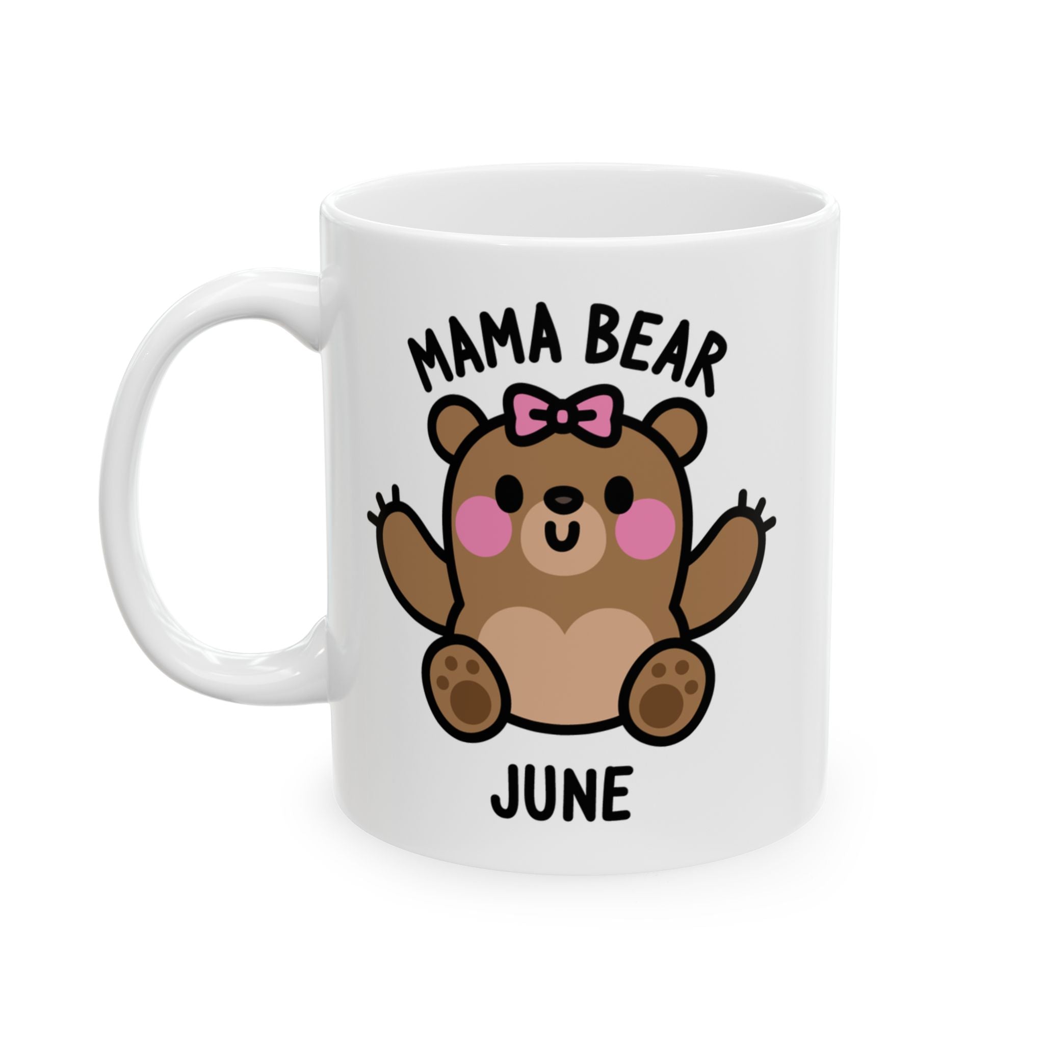 White mug with a cartoon bear design and 'Mama Bear' text on a white background