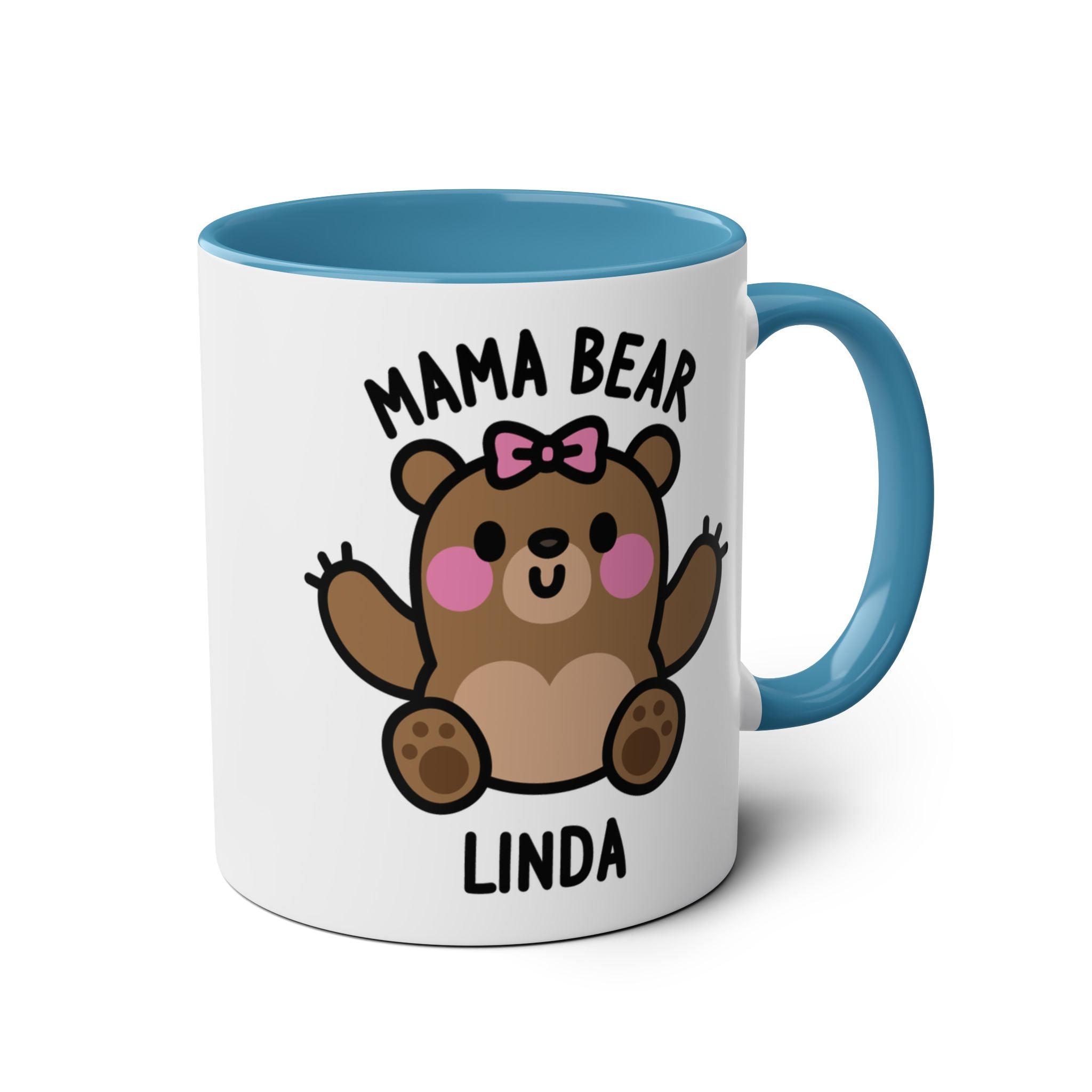 Mug with 'Mama Bear' design and blue interior and handle on a white background