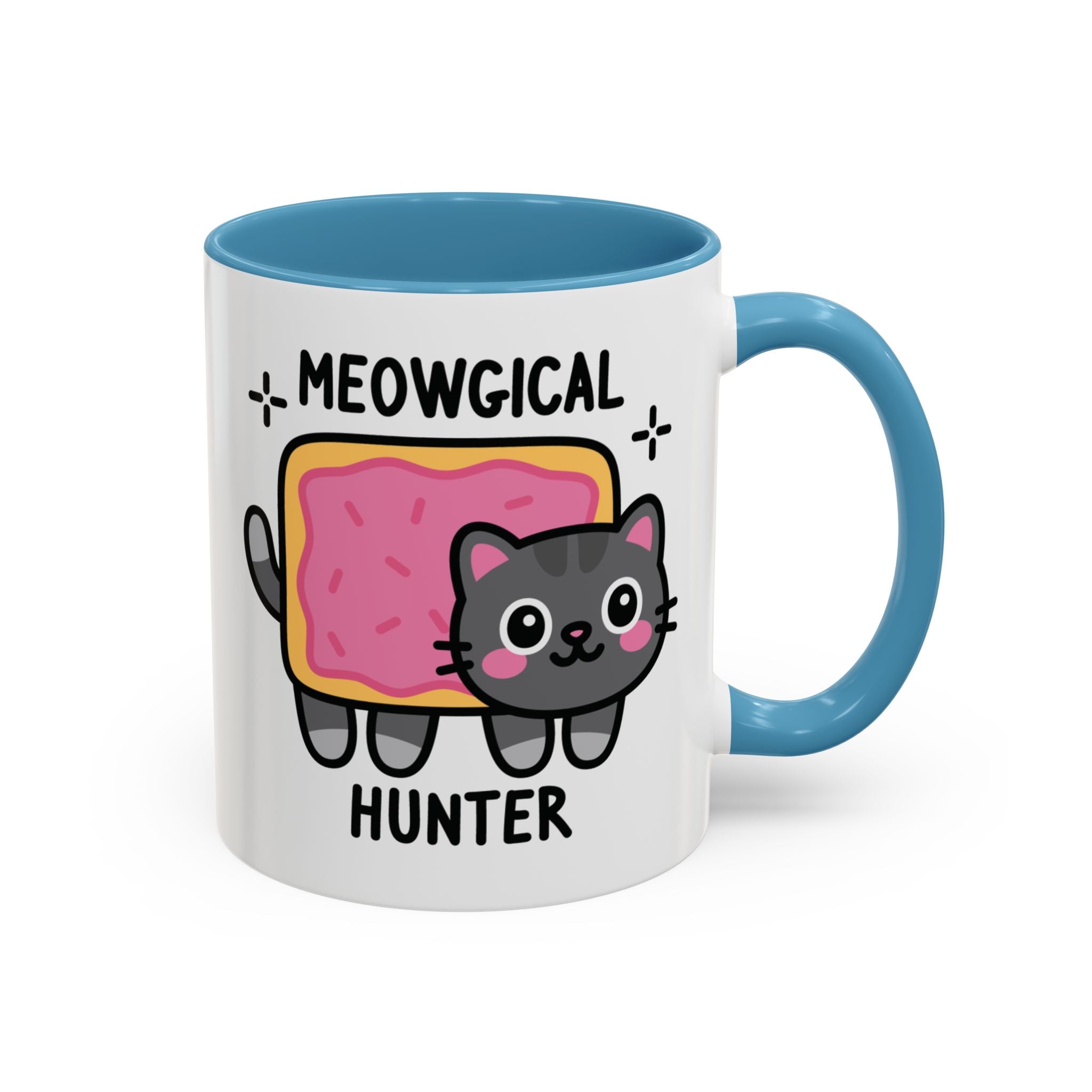 Meowgical Nyan Cat Custom Coffee Mug on White Background With Blue Accent Colour