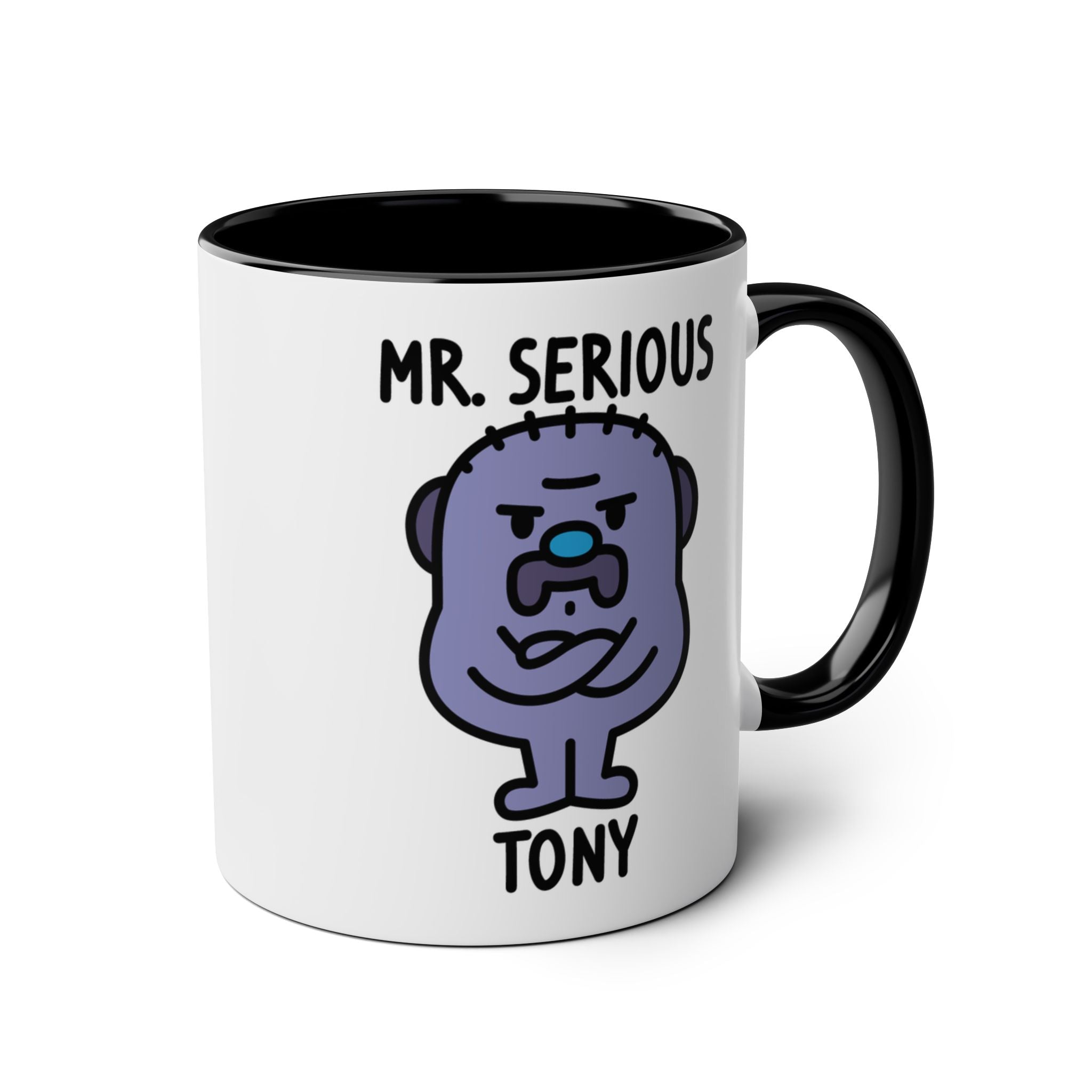 Mug with a cartoon character named 'Mr. Serious' on a white background back accent colour