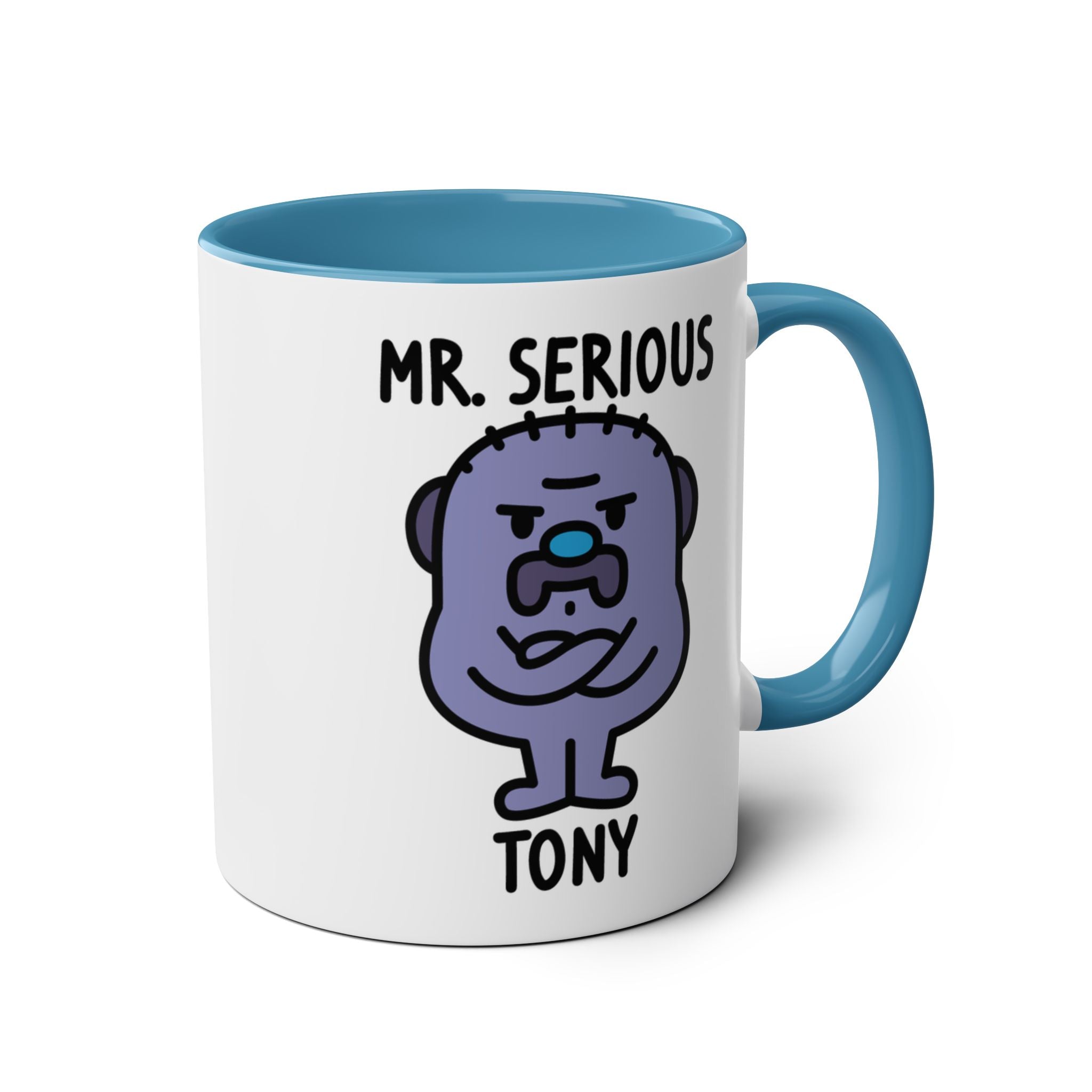 Mug with cartoon character 'Mr. Serious' on a white background blue accent colour