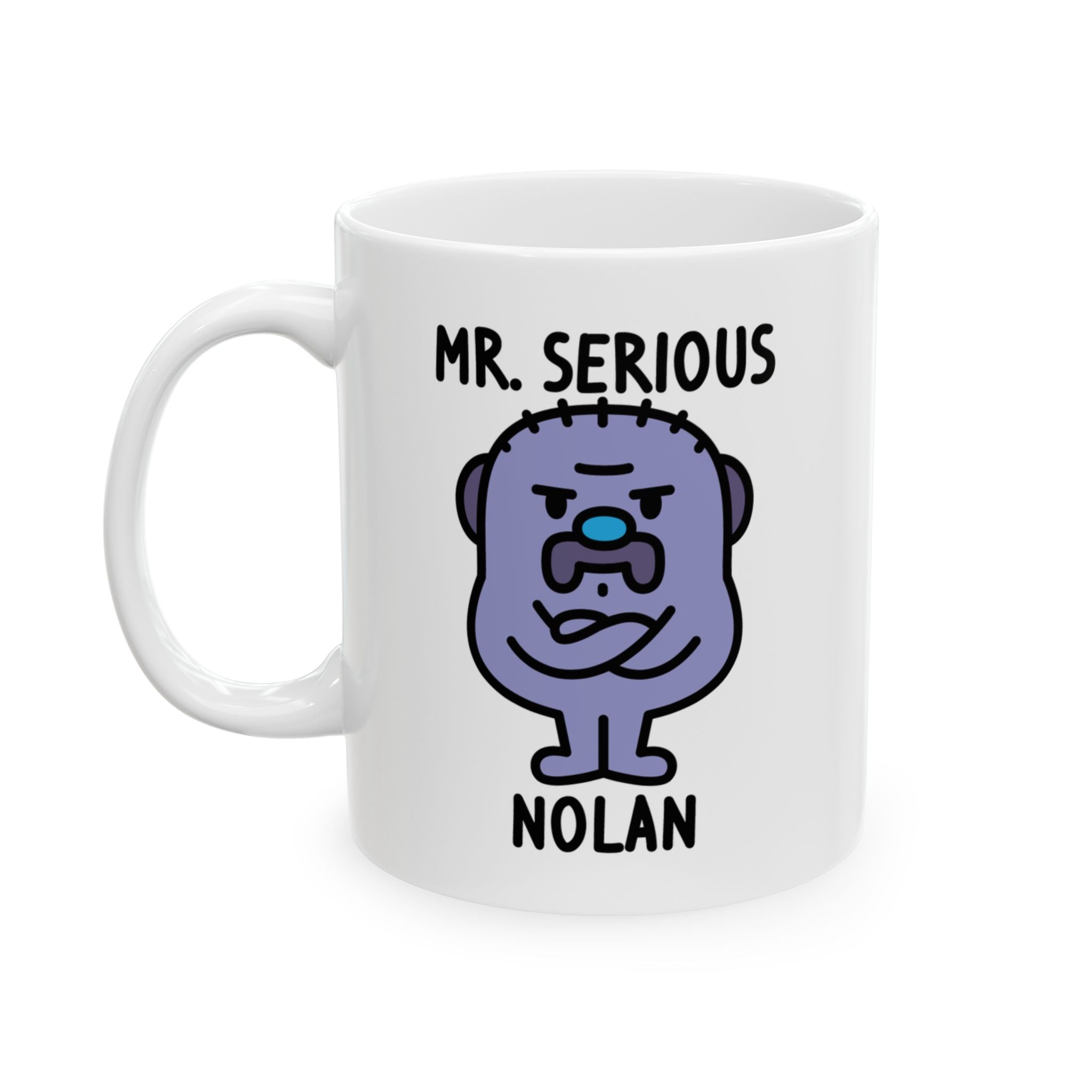 White mug with a purple cartoon character and text on a white background