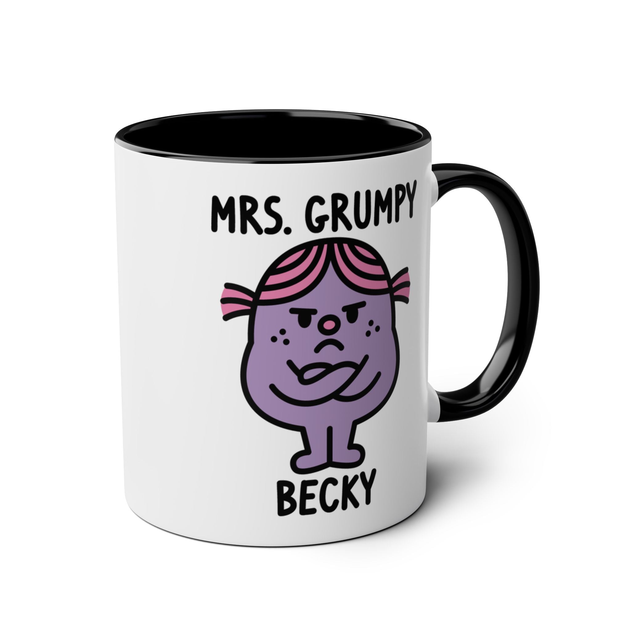 Mug with cartoon character 'Mrs. Grumpy' on a white background with black accent colour