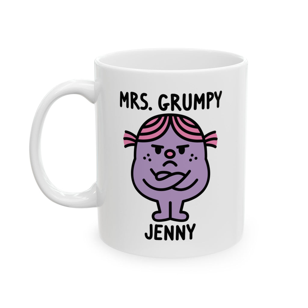 White mug with a cartoon character named 'Mrs. Grumpy' on a white background