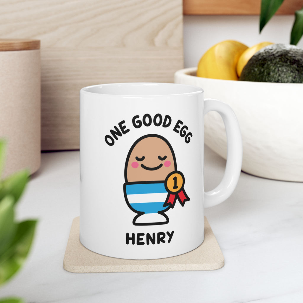 One Good Egg Custom Coffee Mug On Kitchen Background