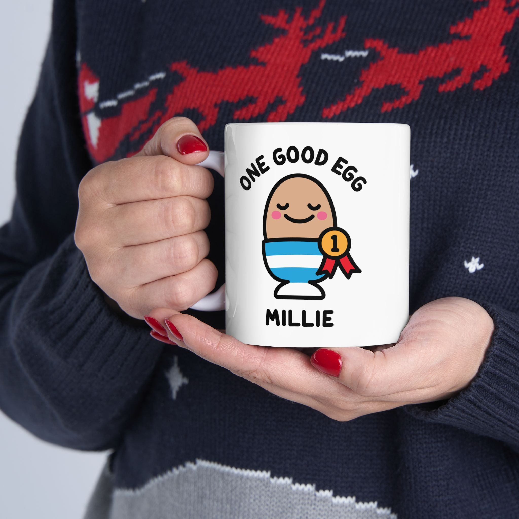 One Good Egg Custom Coffee Mug Held By Person