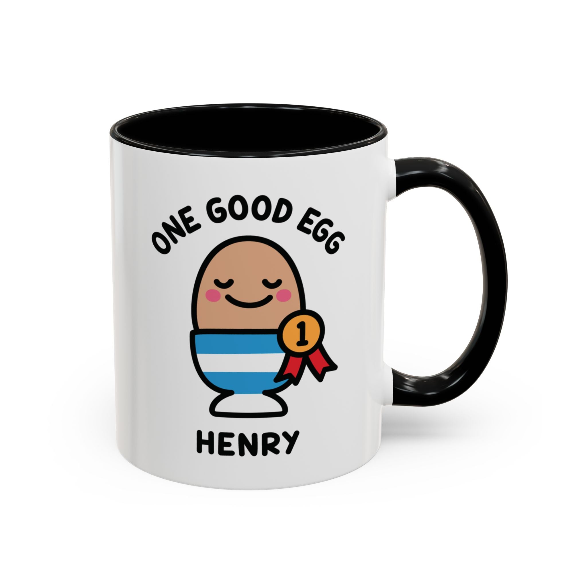 One Good Egg Custom Coffee Mug on White Background With Black Accent Colour