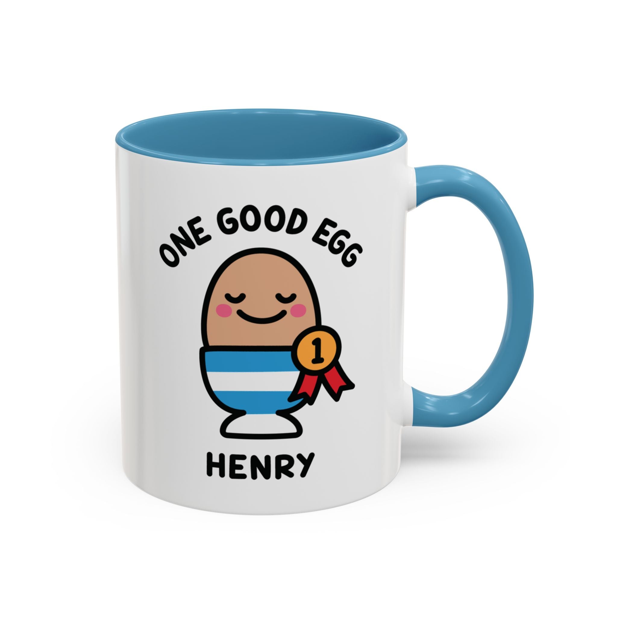 One Good Egg Custom Coffee Mug on White Background With Blue Accent Colour
