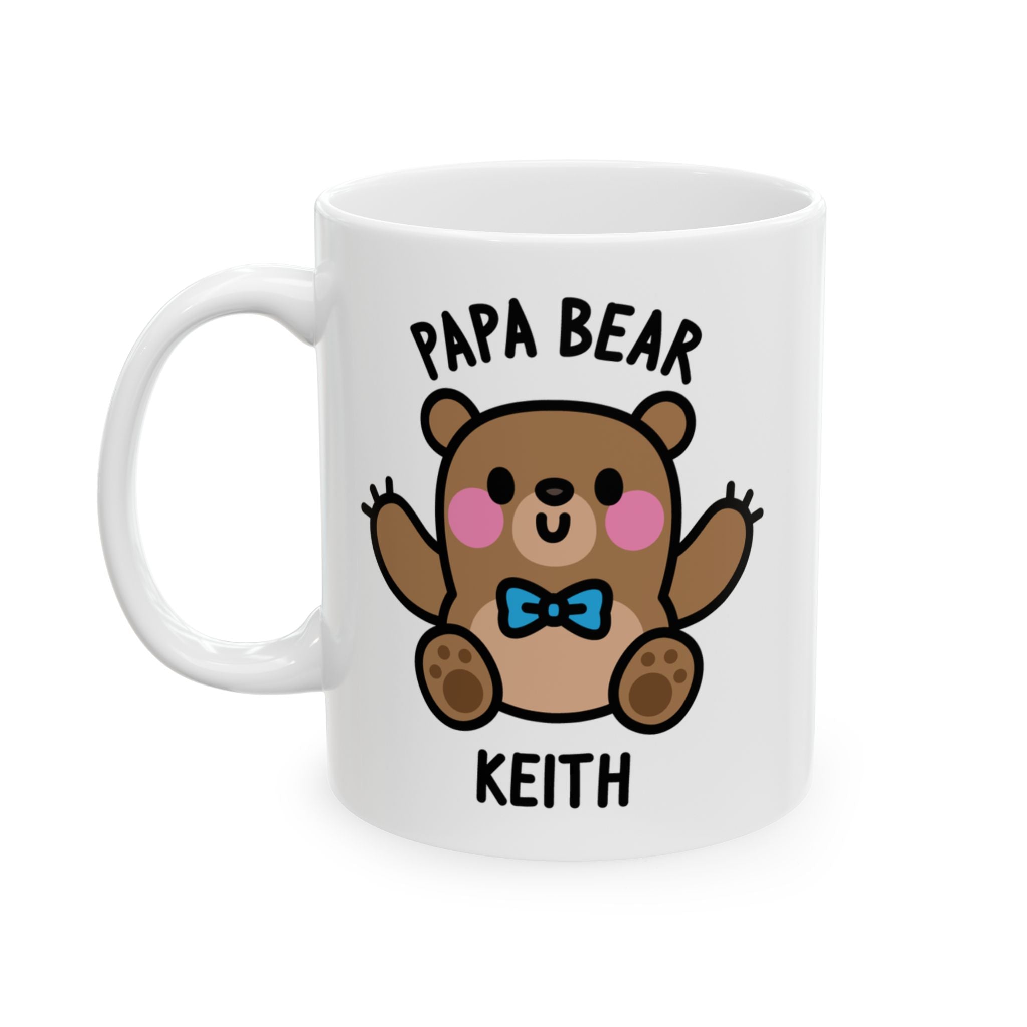 White mug with a cartoon bear design and text on a white background